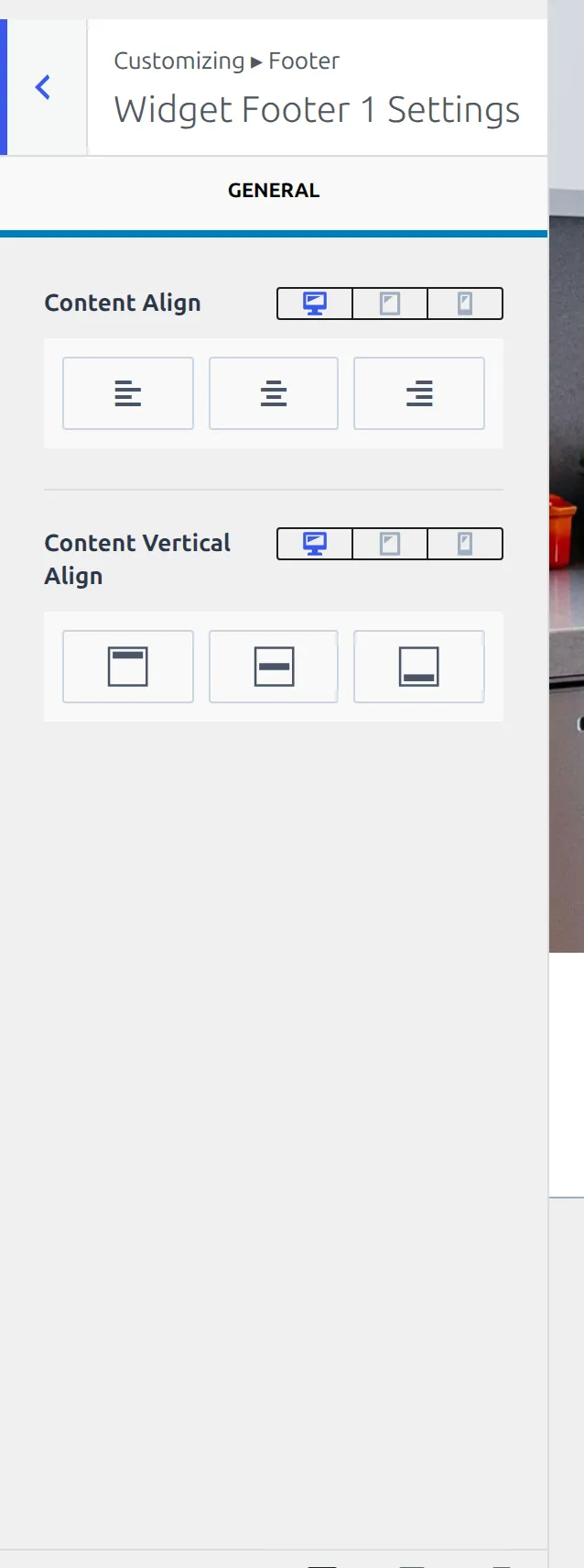 A Widget Footer settings section showing only the two alignment controls