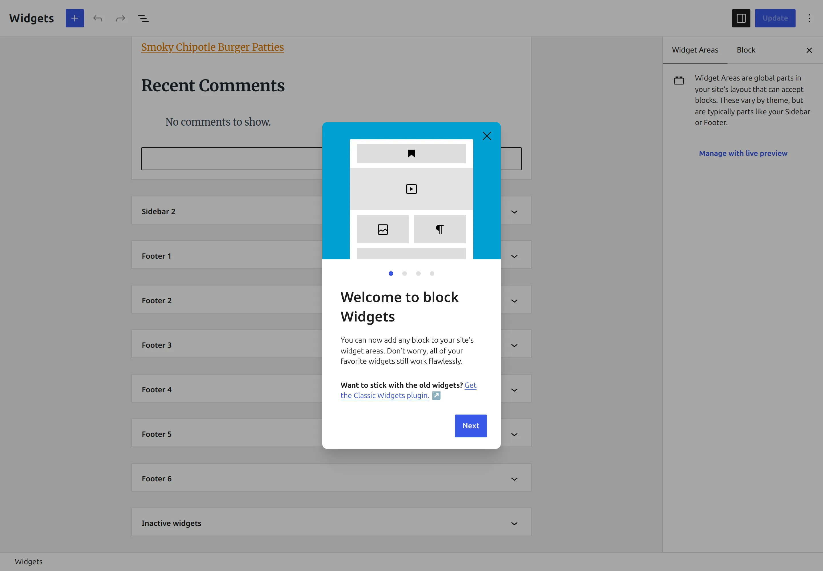 The WordPress Widgets screen listing the six Kadence footer widget areas