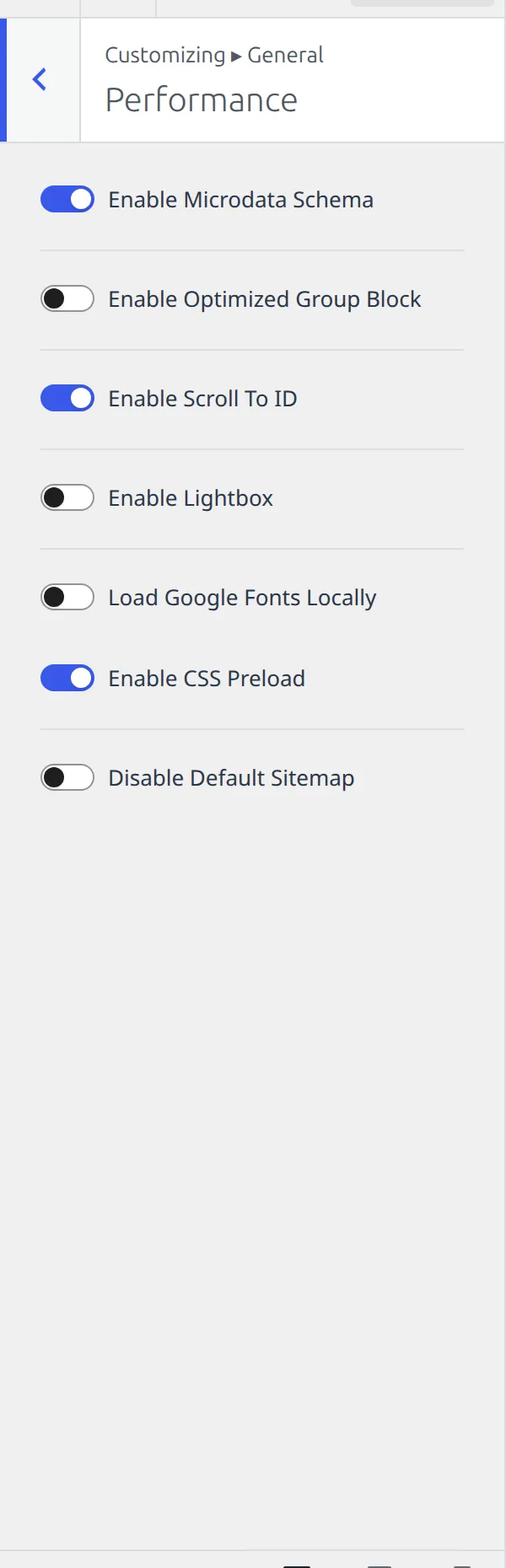 The Kadence Performance section as it looks on a fresh install