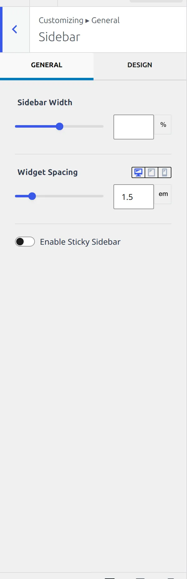 The Kadence Sidebar section General tab