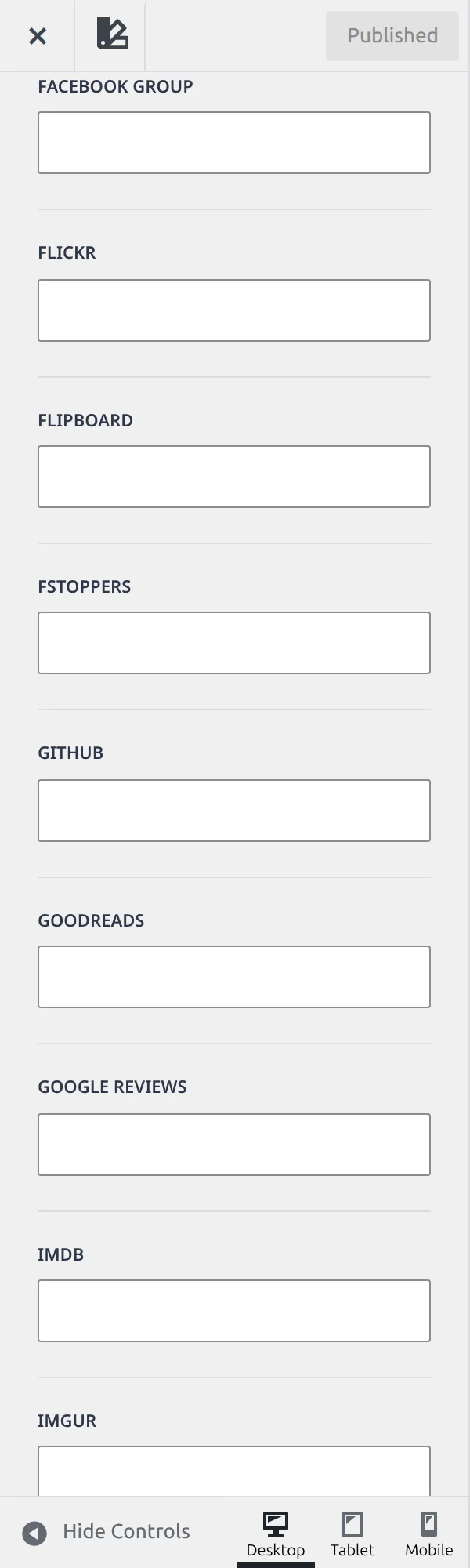 The Social Links section showing the repeated URL boxes