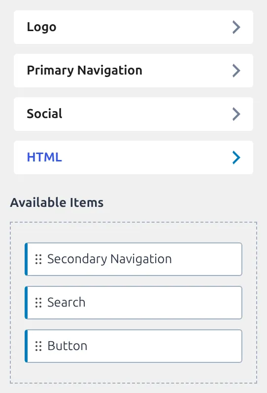The header builder Available Items tray with Secondary Navigation, Search and Button waiting to be placed