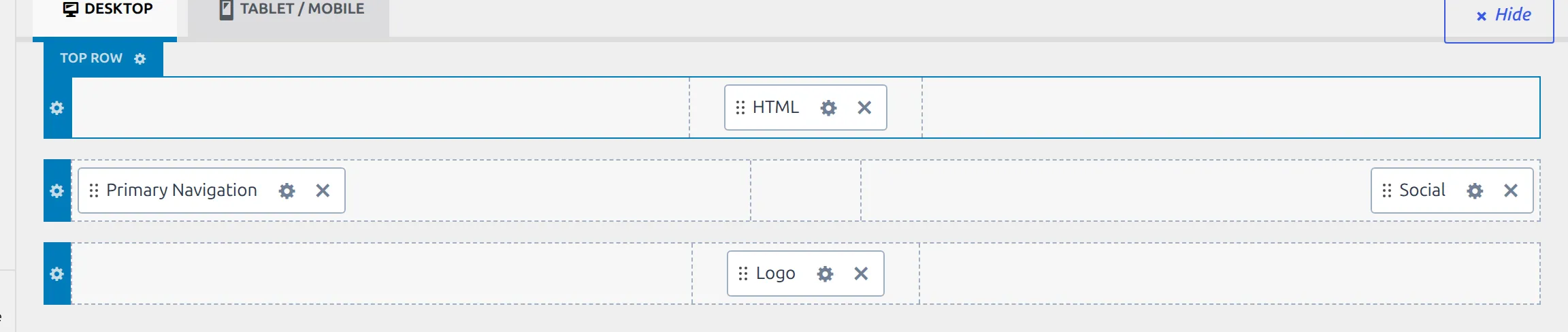 The header builder docked below the preview with its three rows