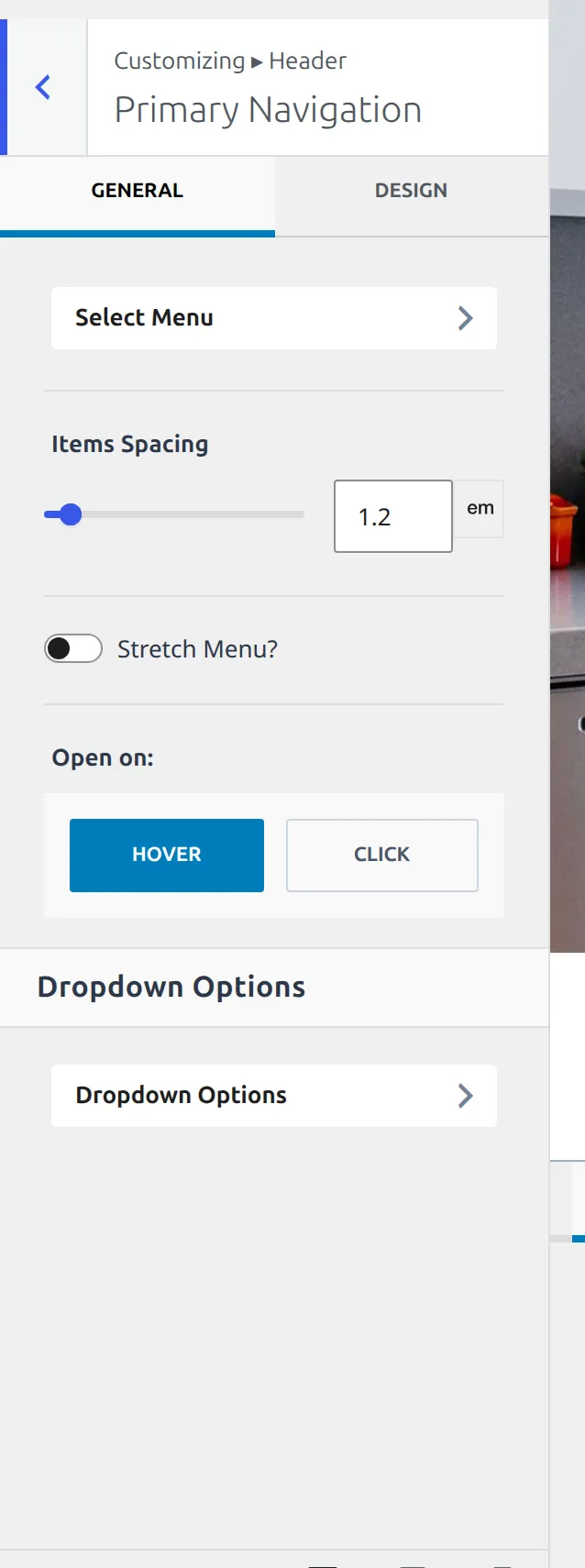 The Primary Navigation component settings opened from the gear on that component