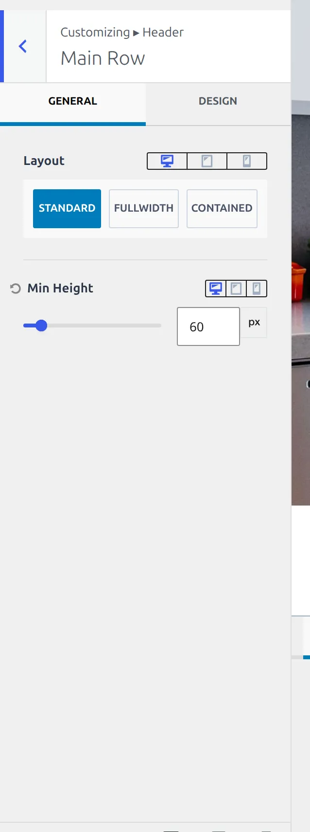 A header row's settings opened from the gear on the row itself