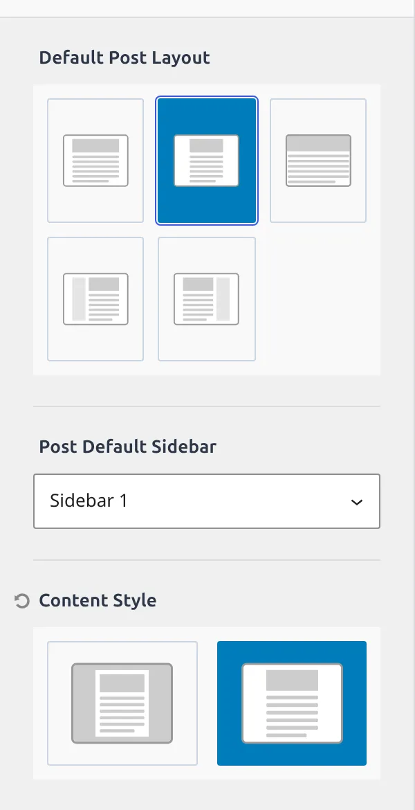 Kadence Single Post Layout section with Default Post Layout set to Narrow and the Boxed Unboxed Content Style control below it