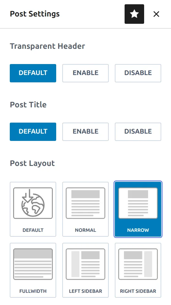 WordPress block editor Kadence Post Settings panel with Post Layout set to Narrow