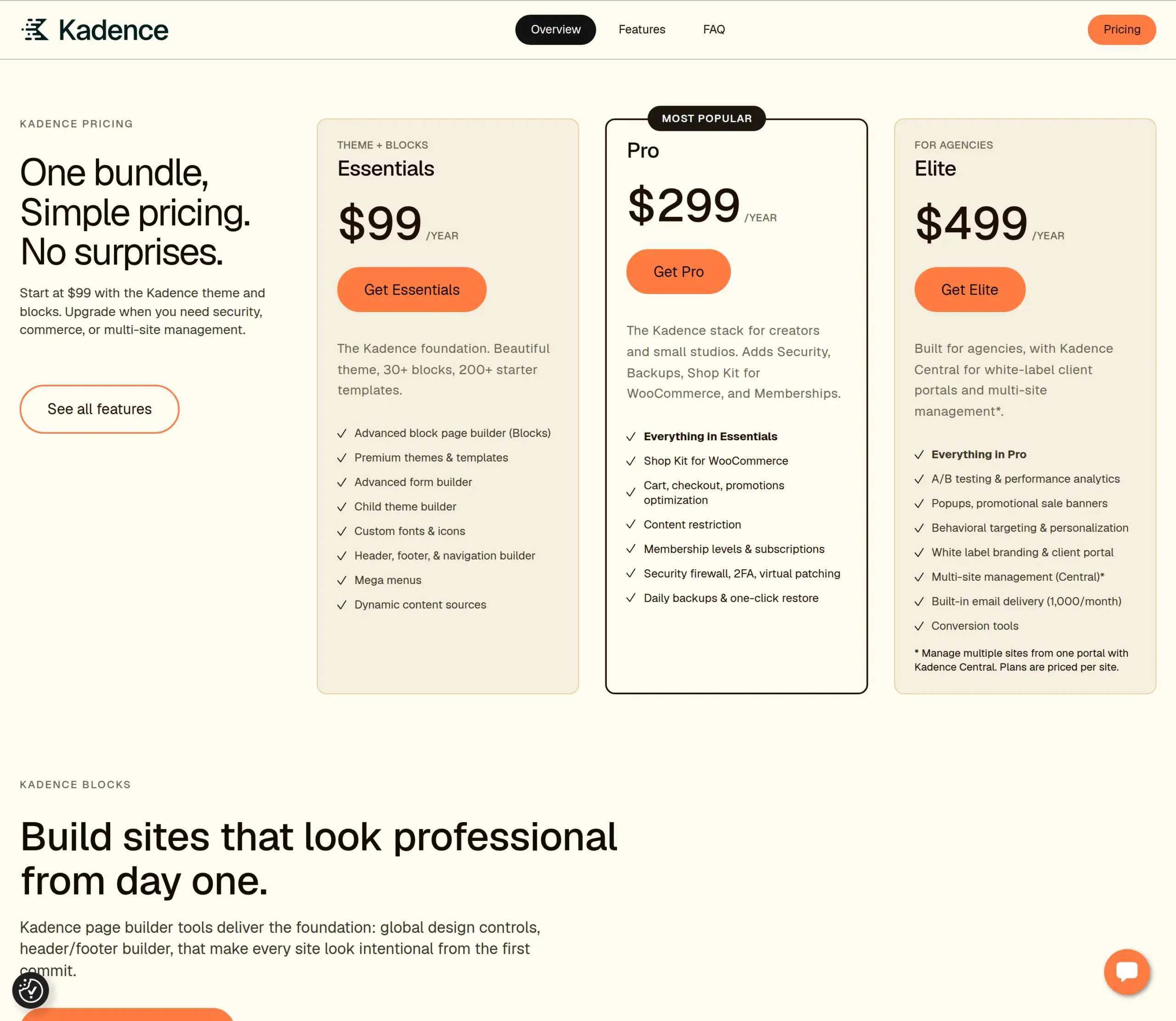 The Liquid Web Kadence pricing page dated 6 September 2026 showing Essentials, Pro and Elite tiers