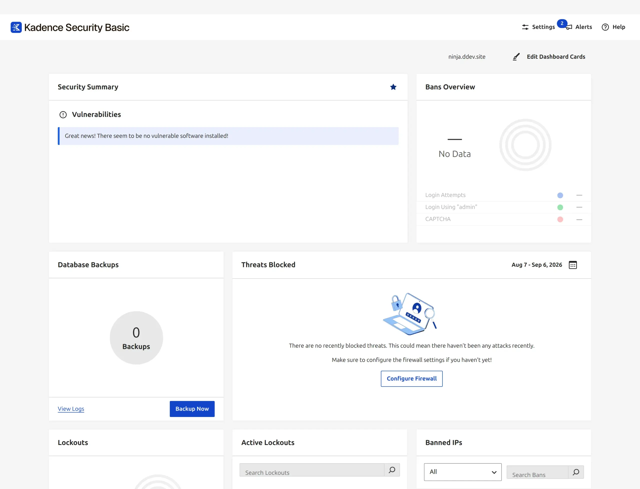 The Kadence Security dashboard after the wizard is complete