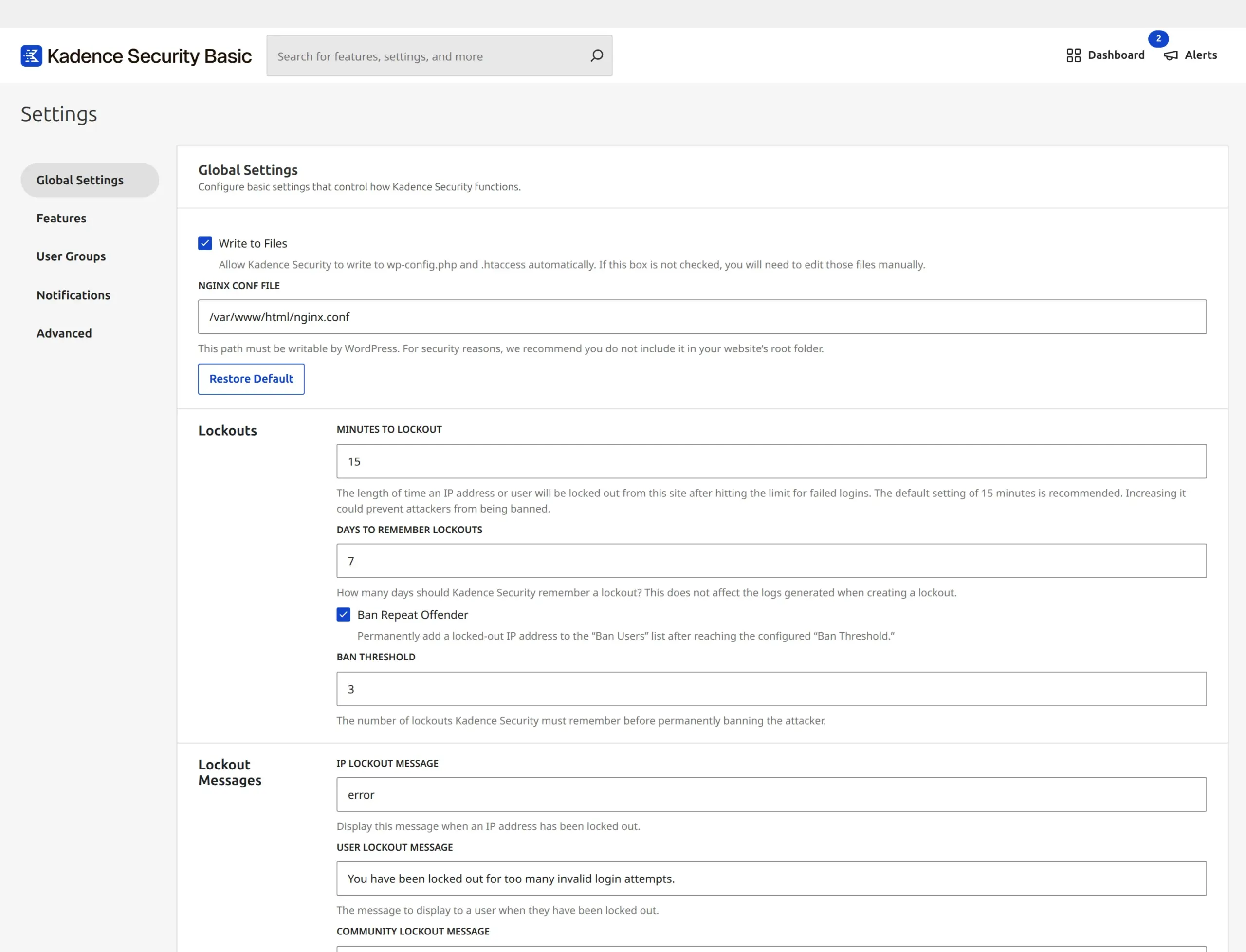 The Kadence Security global settings screen showing lockout duration and ban threshold controls