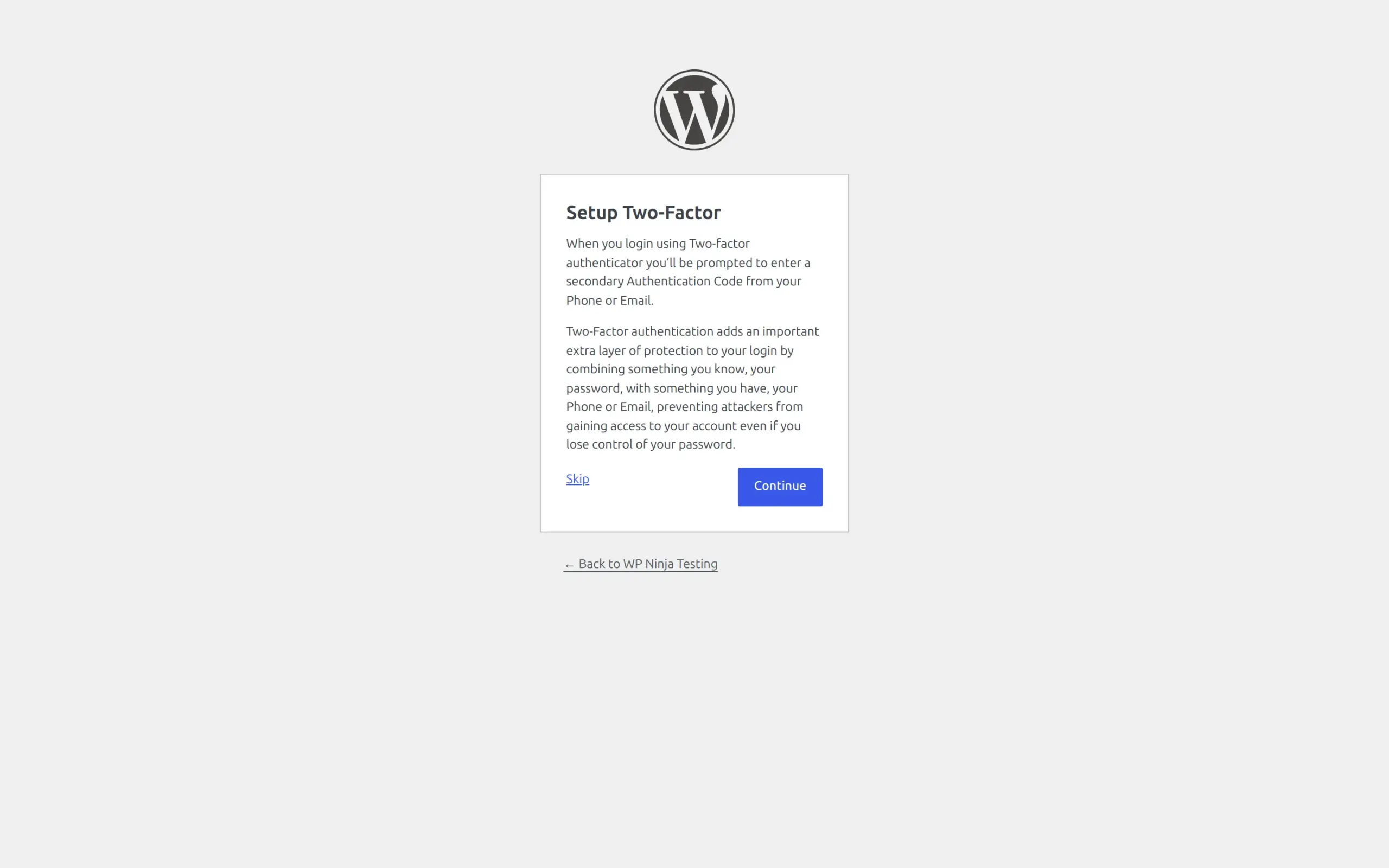The Setup Two-Factor screen that appears at the next login after finishing the wizard