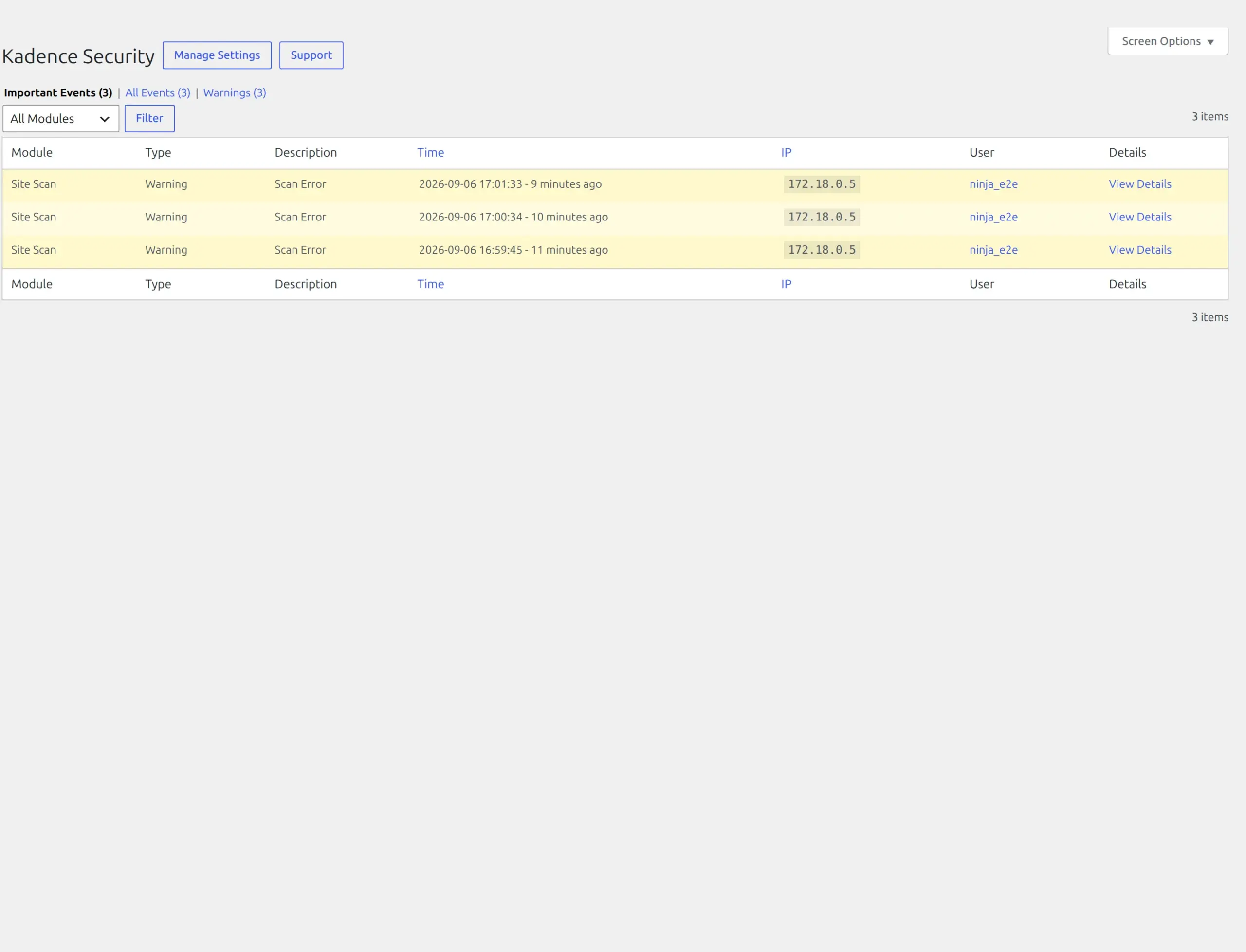The Kadence Security event log