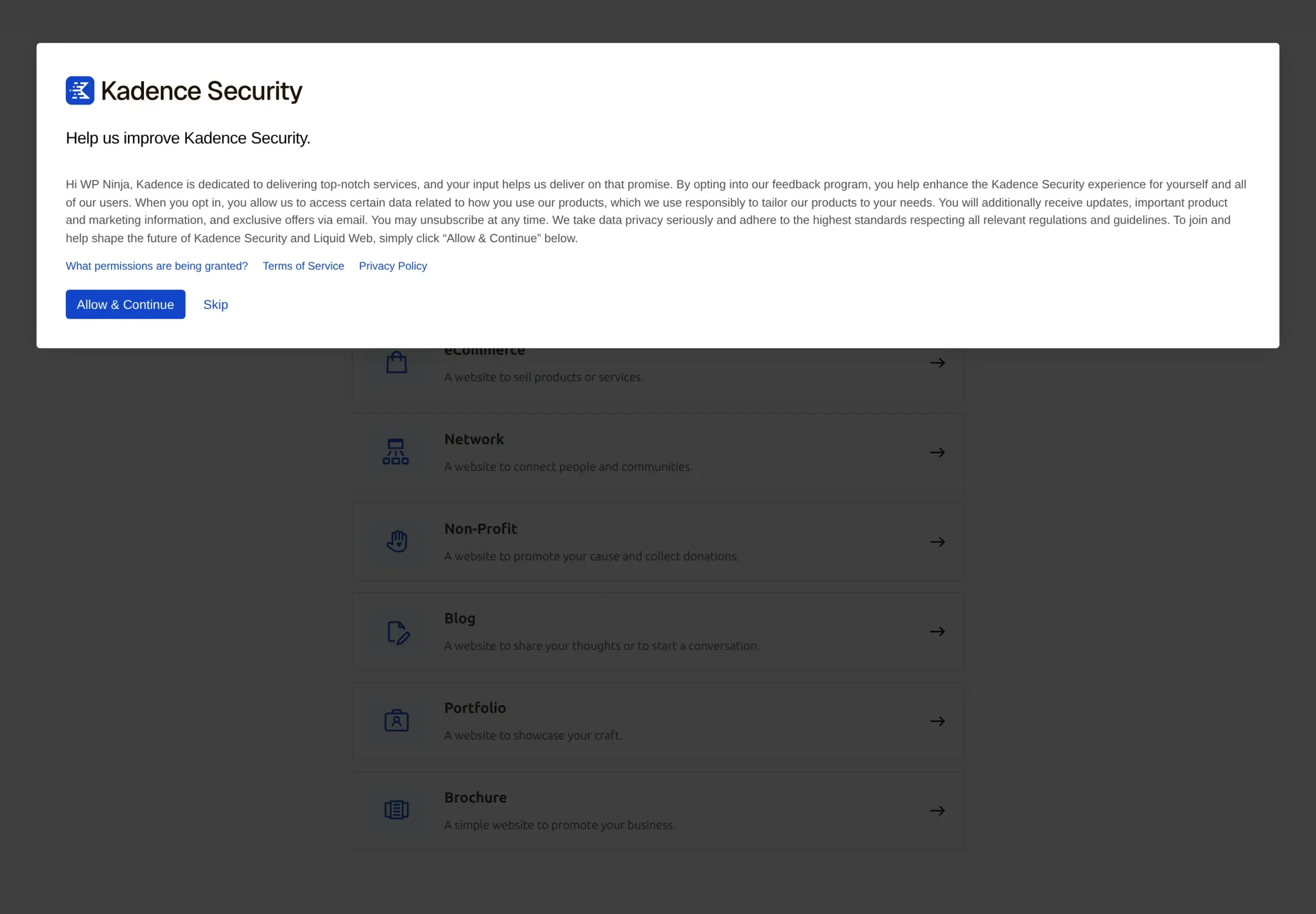 The Kadence Security telemetry consent modal with Allow & Continue as the main button