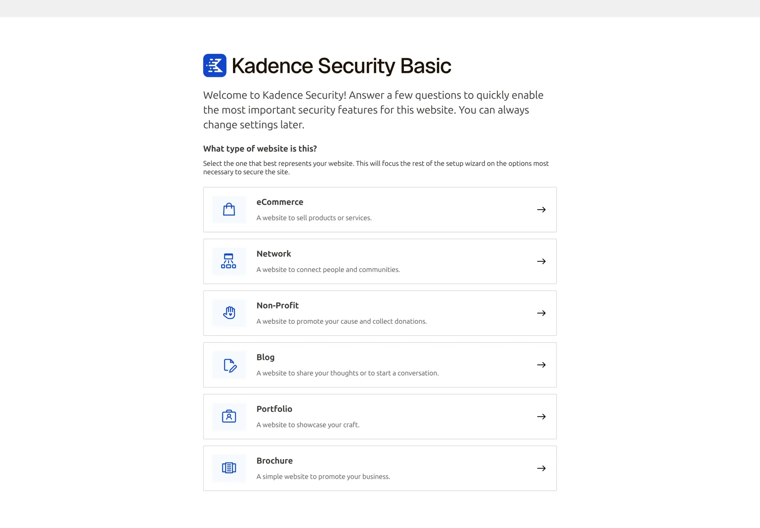 The Kadence Security wizard asking what type of website this is