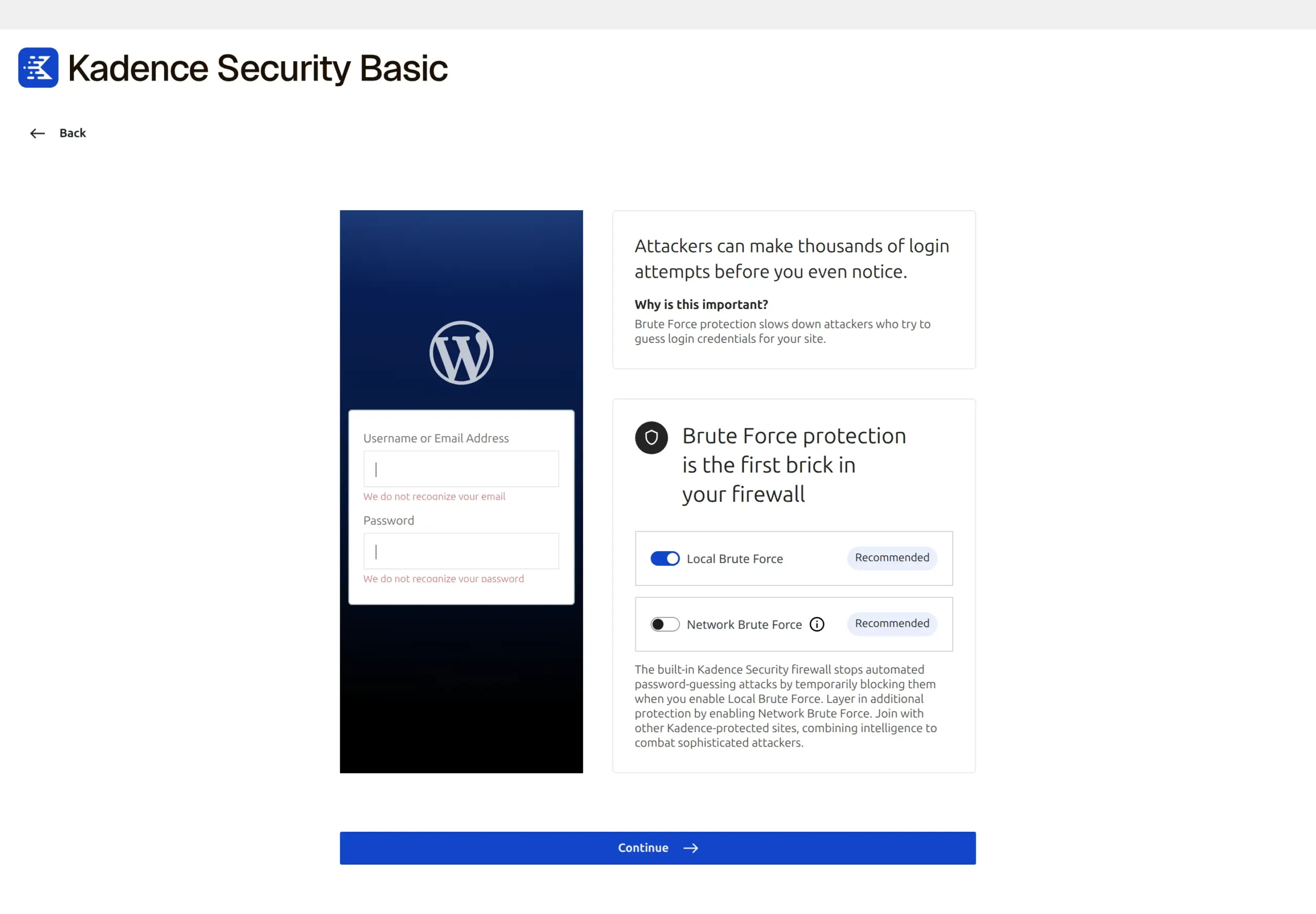 The Kadence Security wizard's brute-force step with Local and Network Brute Force both marked Recommended