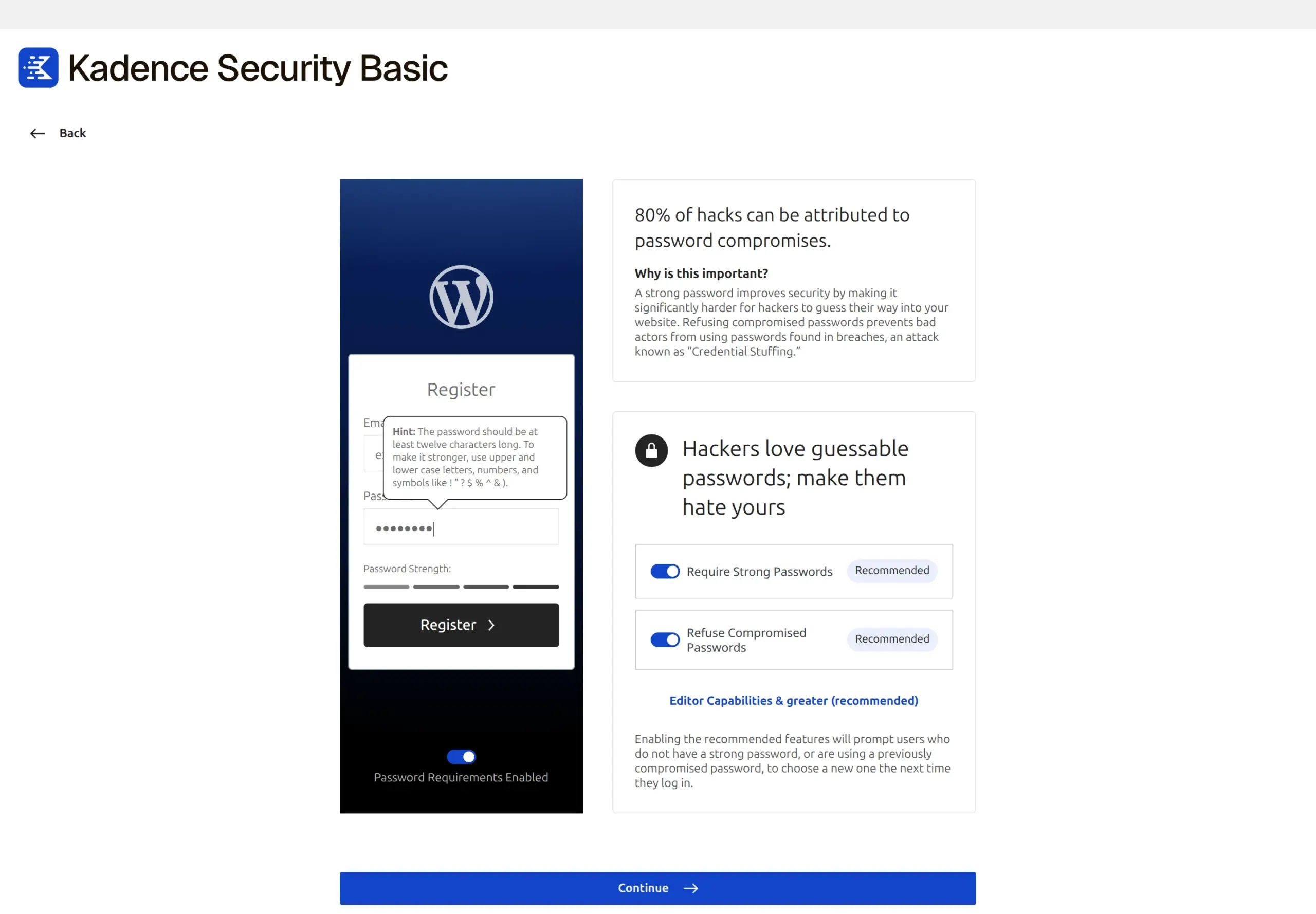 The Kadence Security wizard's password requirements step