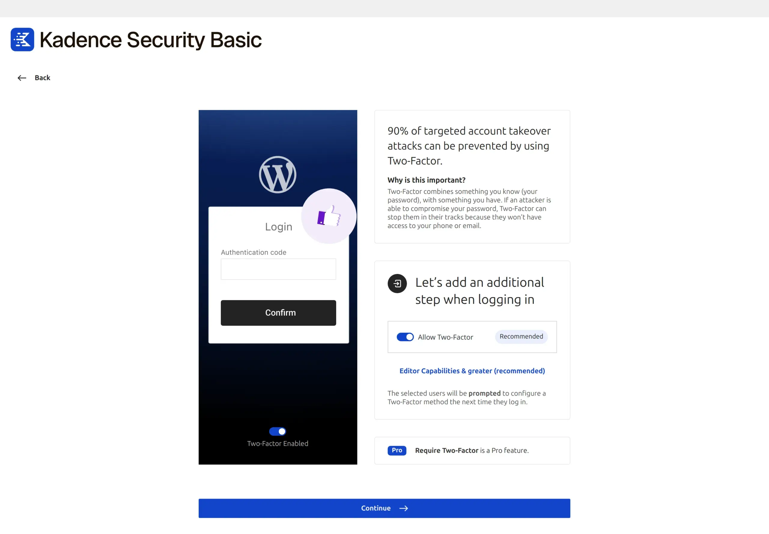 The Kadence Security wizard's two-factor step showing Require Two-Factor marked as a Pro feature