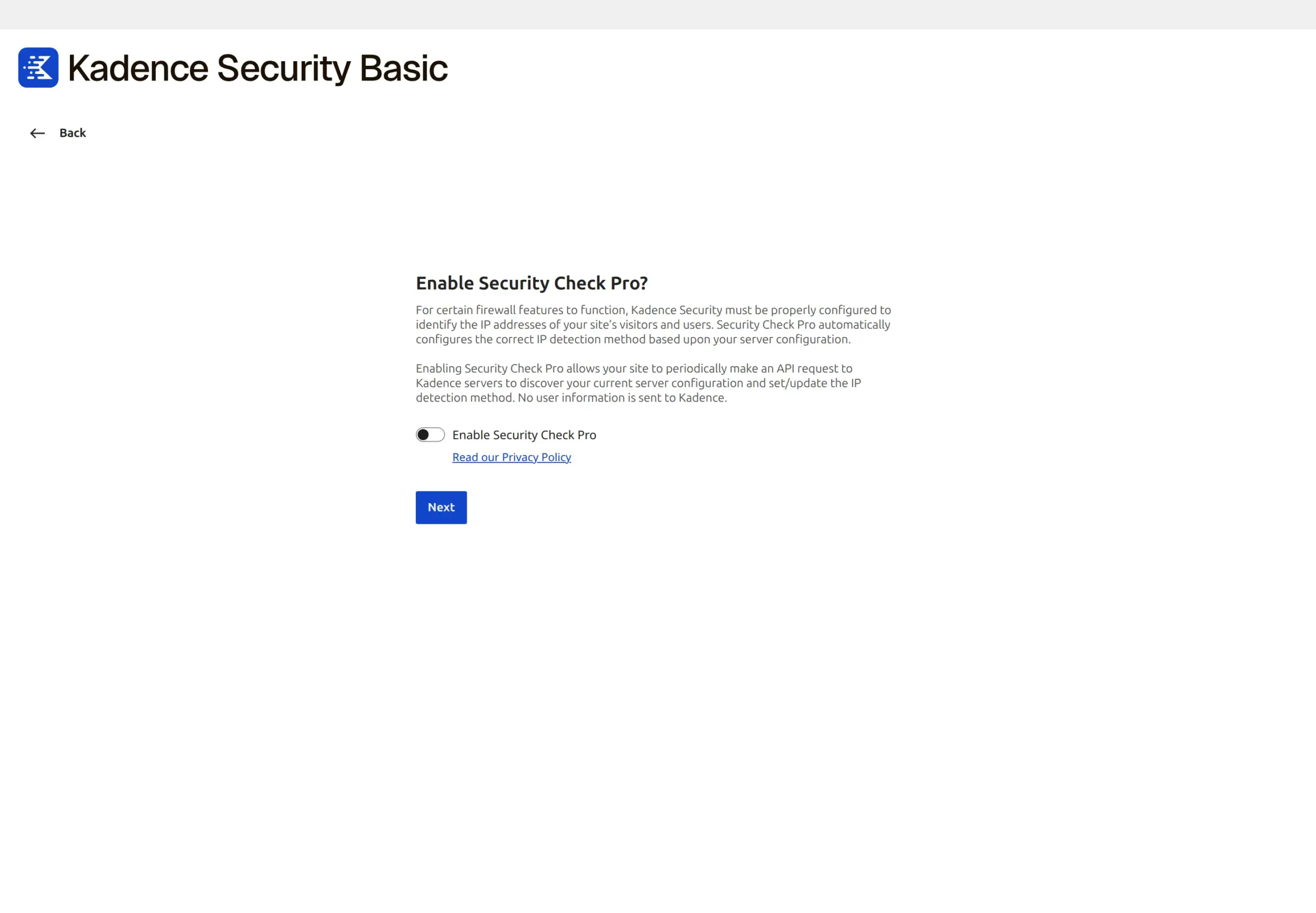 The Kadence Security wizard's Security Check Pro step
