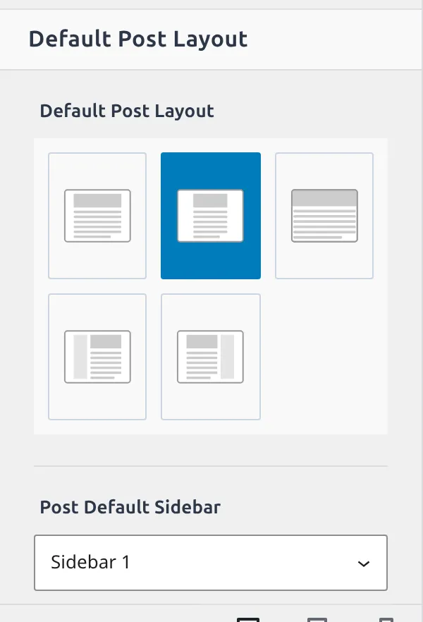 Kadence Default Post Layout icon row with left and right sidebar options