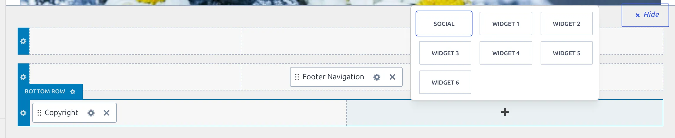The footer builder docked below the Customizer preview with the add-element menu open and Social in the list