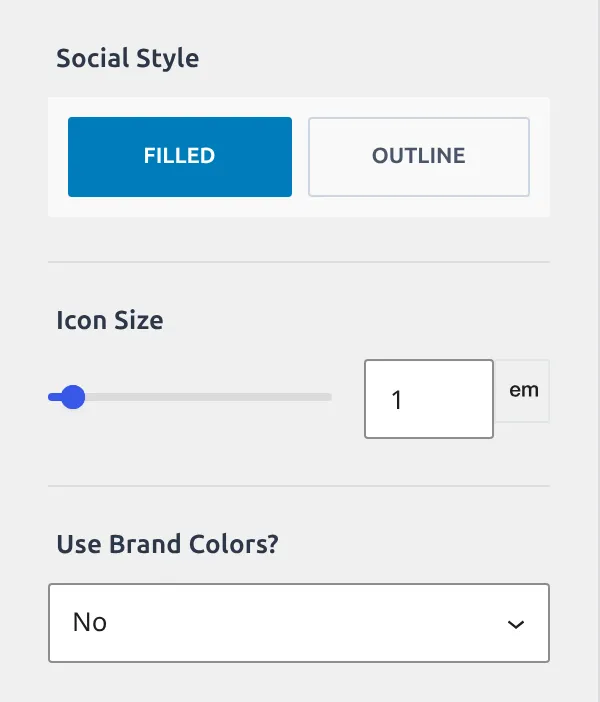 The Social element Design tab showing the Filled/Outline style buttons and the Use Brand Colors dropdown