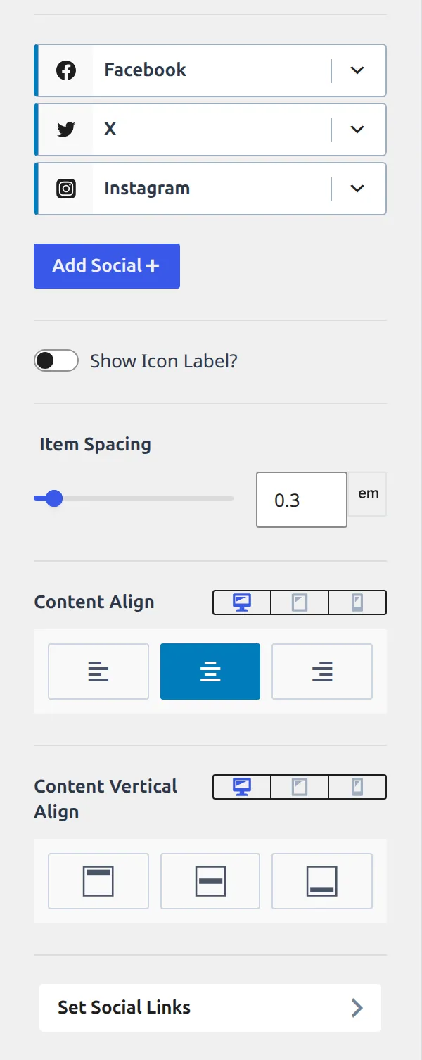 The Social element General tab showing the Social Items list and the Set Social Links button