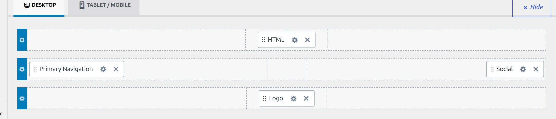 The Kadence header builder with the Social element placed in a right-hand slot