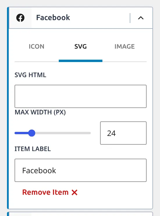 A social item expanded in the Customizer showing its Icon, SVG and Image tabs with the SVG HTML box open