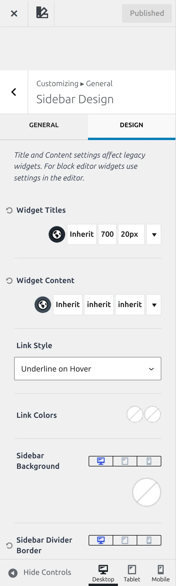 The same section with the Design tab selected, showing a different set of options