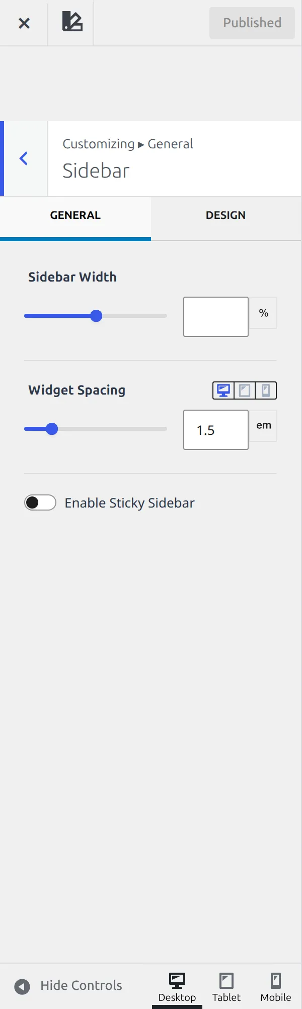 A Kadence section with the General tab selected