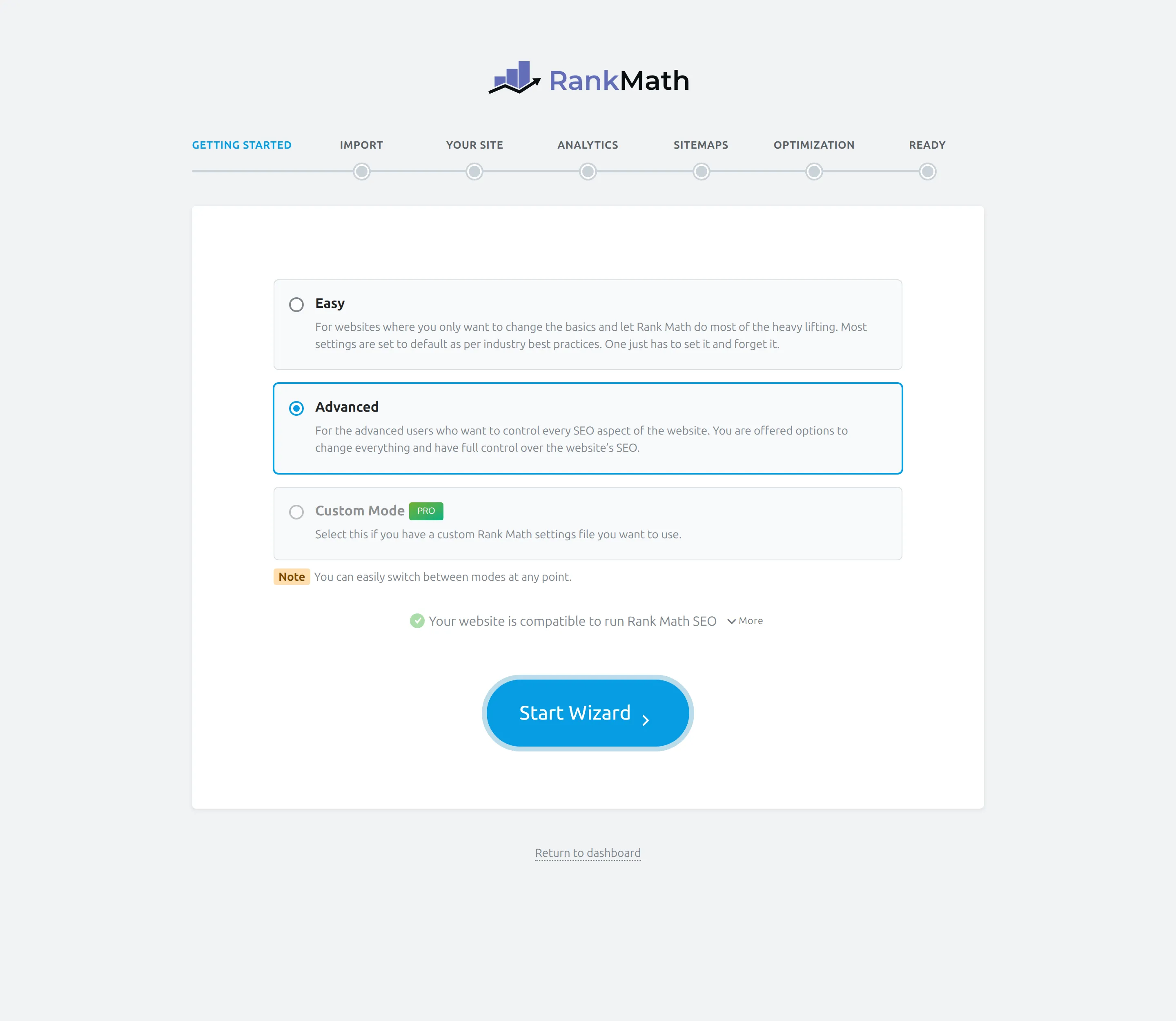 Rank Math setup wizard mode selection screen