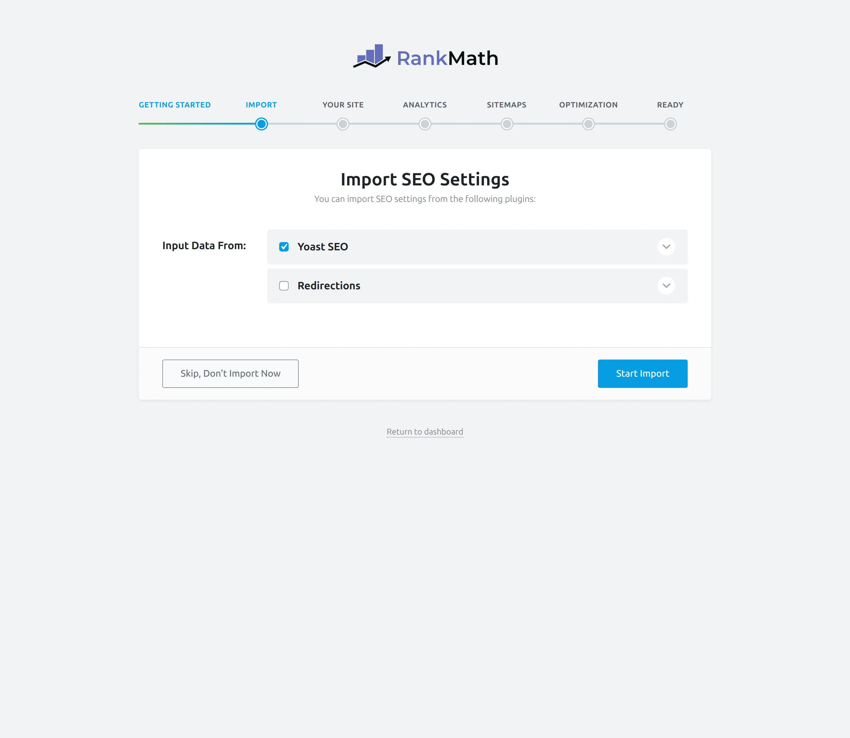 Rank Math wizard offering to import settings from Yoast SEO