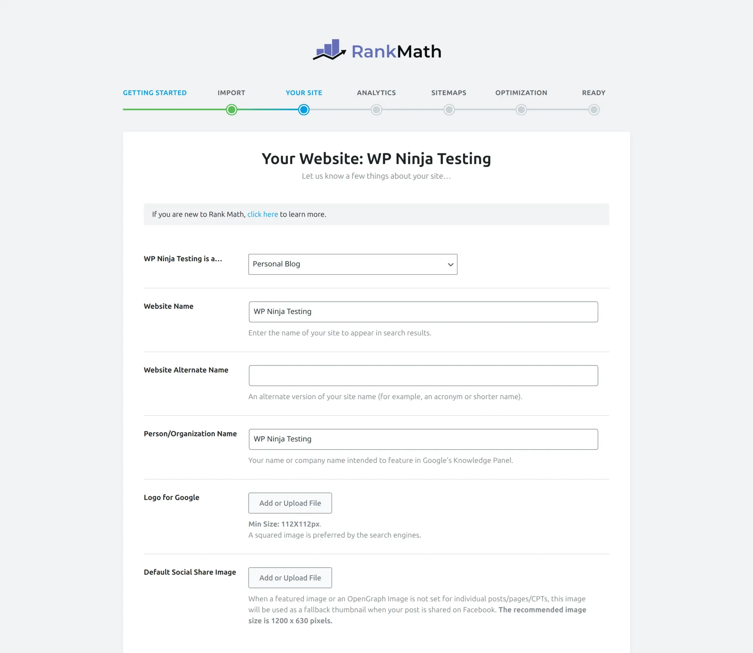 Rank Math setup wizard site type configuration