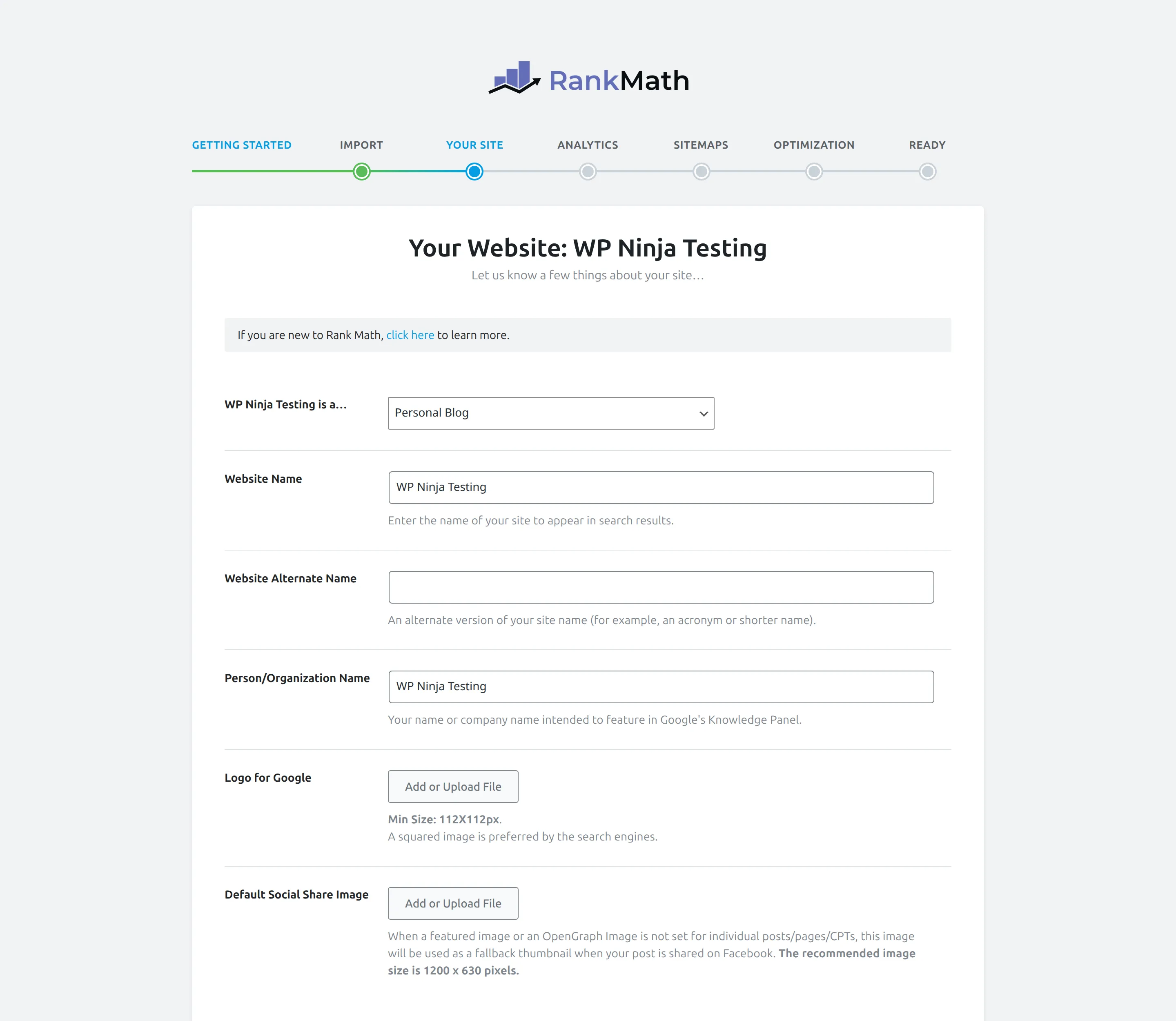 Rank Math setup wizard site type configuration