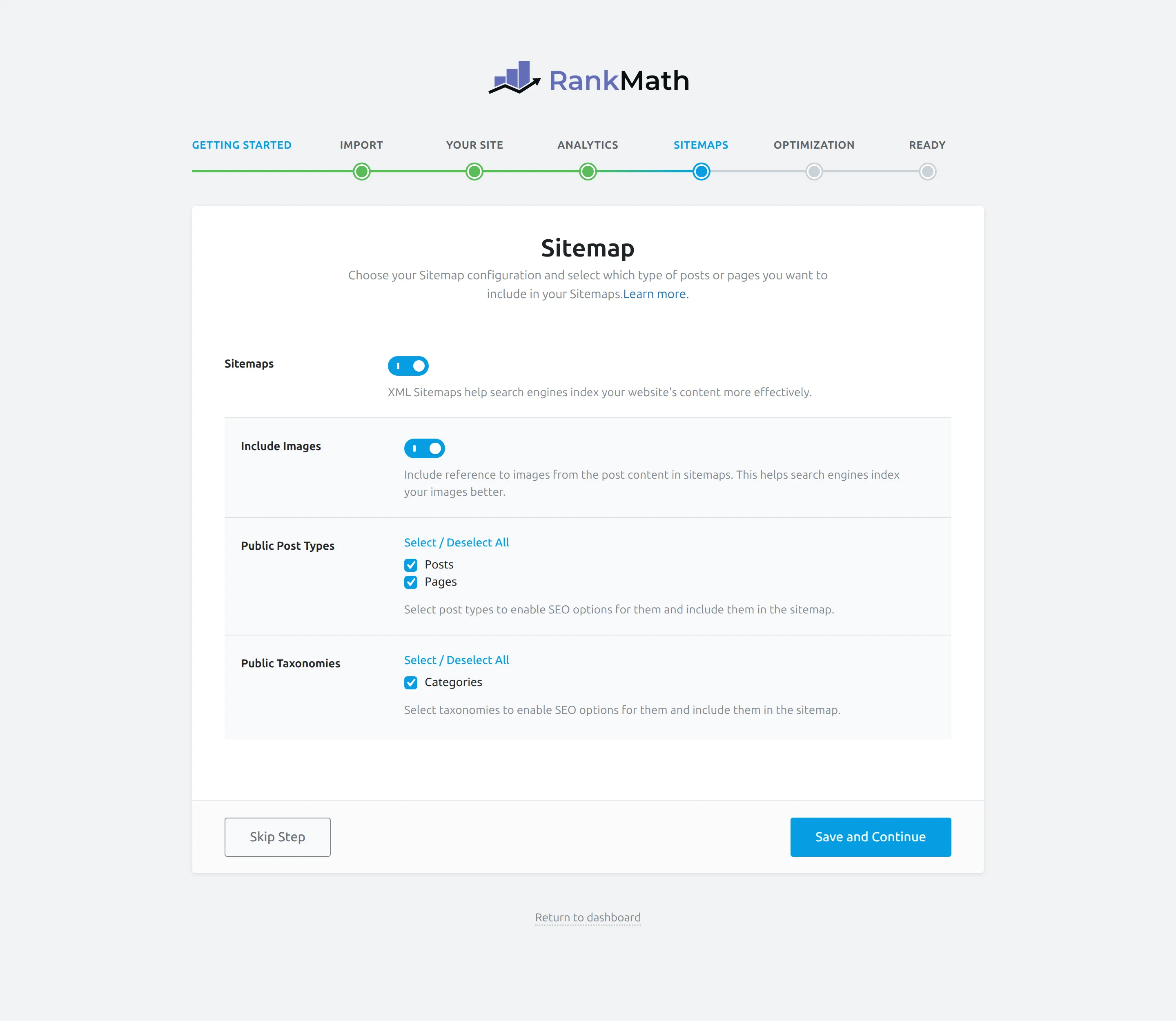 Rank Math sitemap configuration during setup
