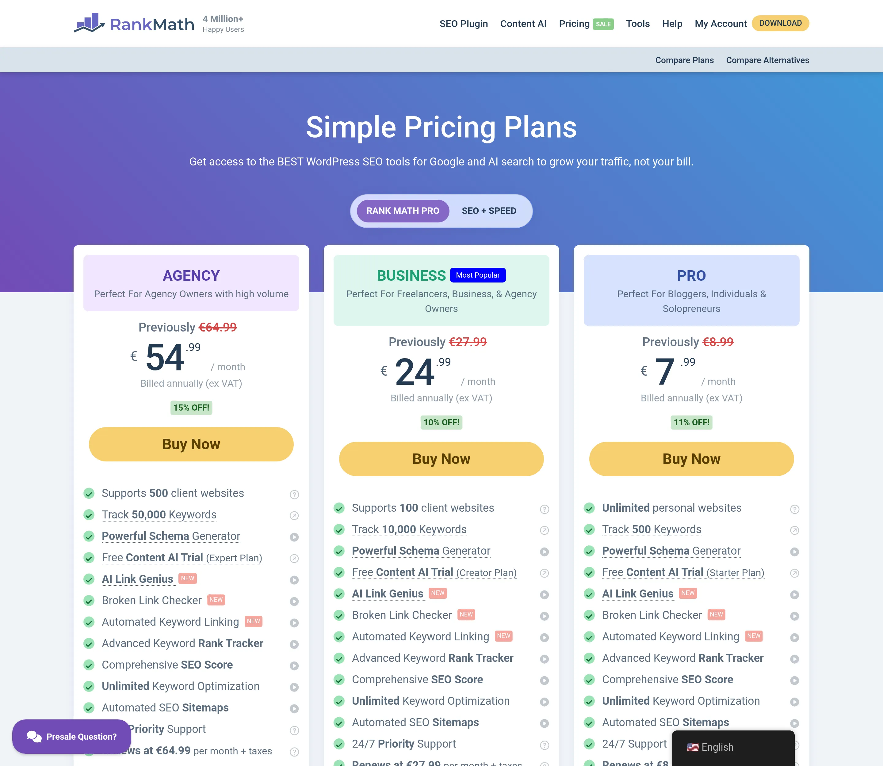 Rank Math Pro pricing tiers in September 2026
