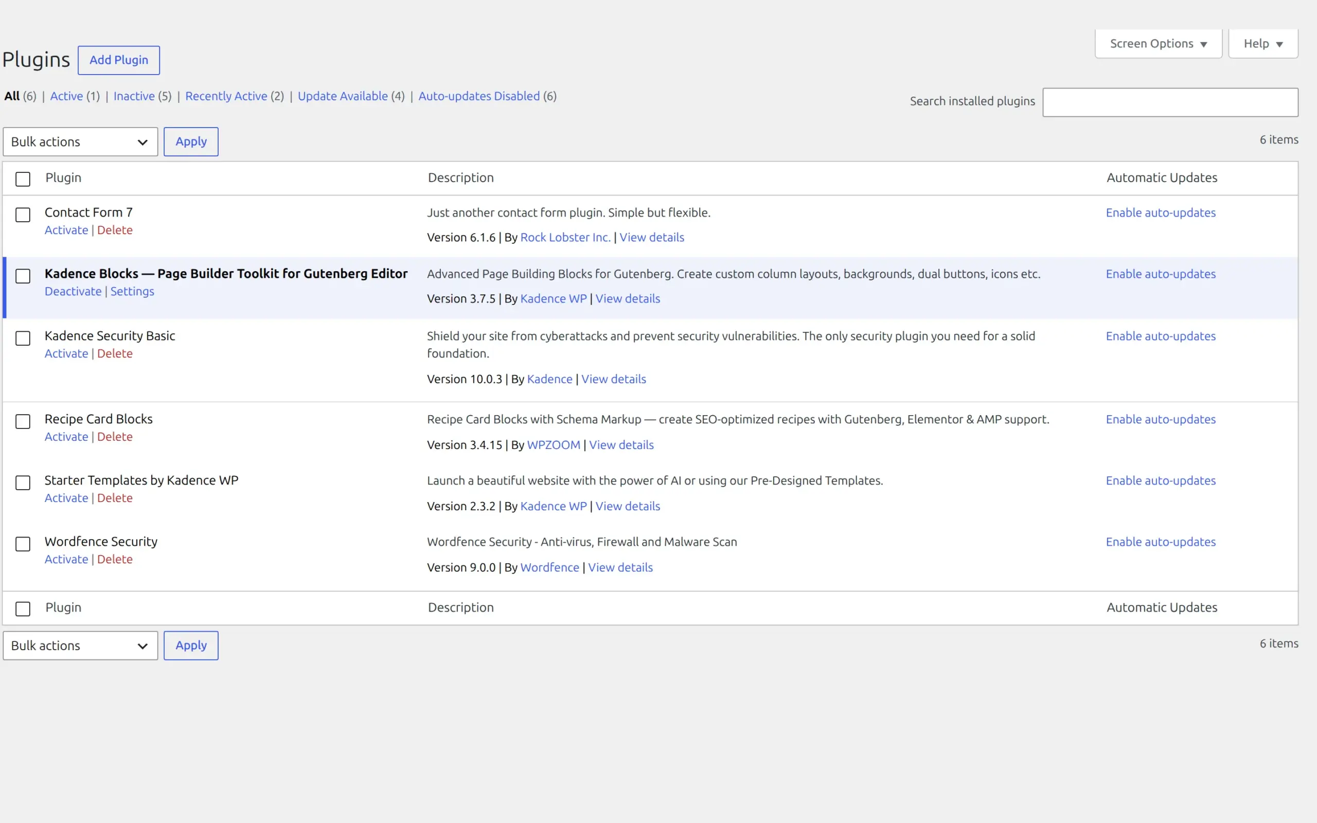 The WordPress plugins screen showing Wordfence Security 9.0.0 and Kadence Security Basic 10.0.3 both installed