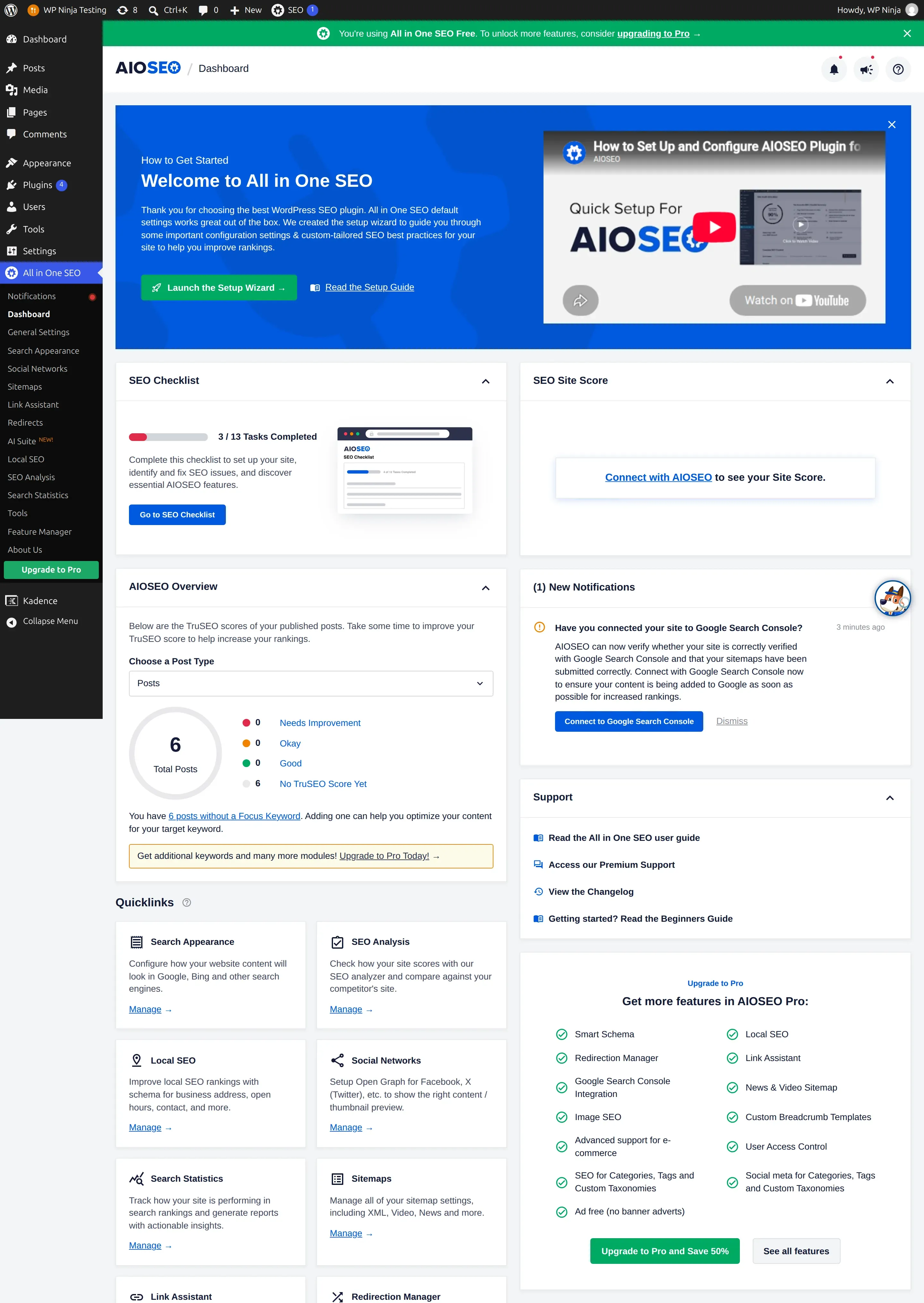 AIOSEO dashboard with the upgrade bar and upgrade prompts