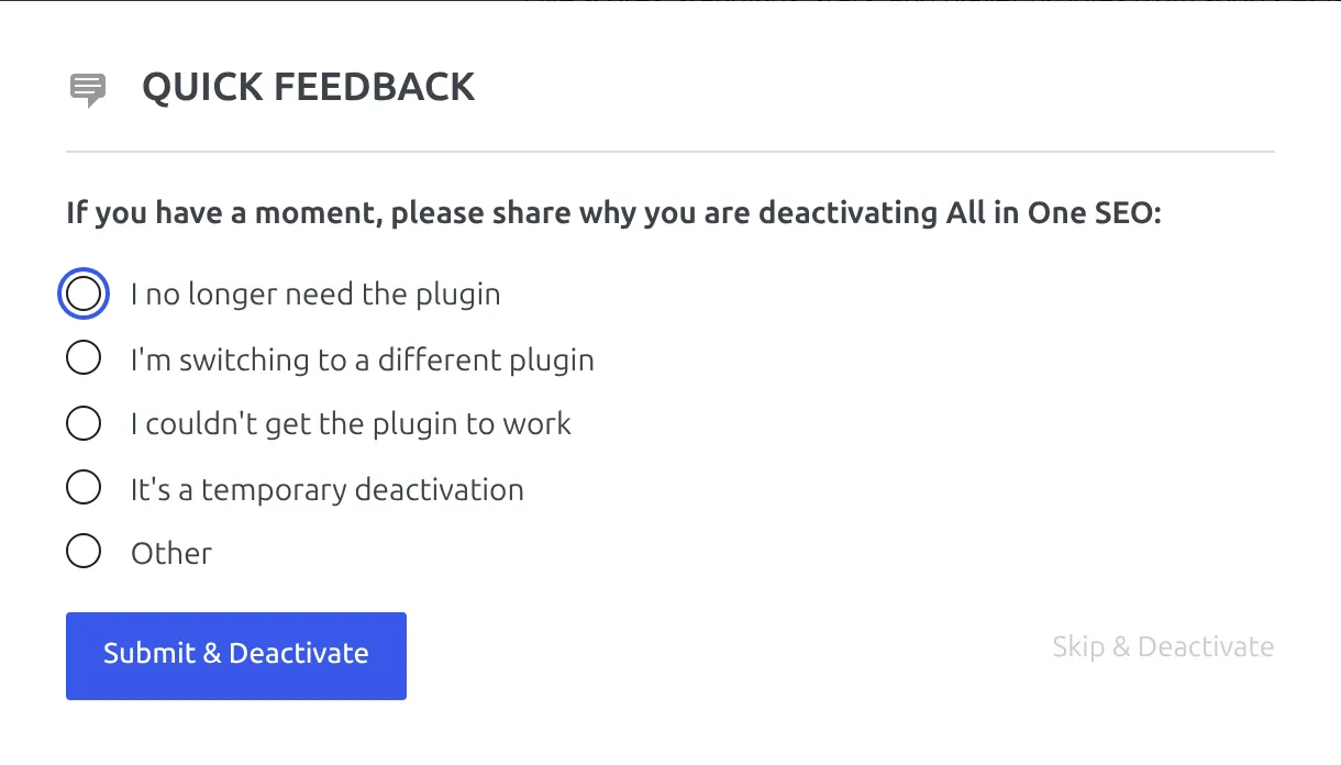 AIOSEO Quick Feedback exit survey shown when deactivating the plugin