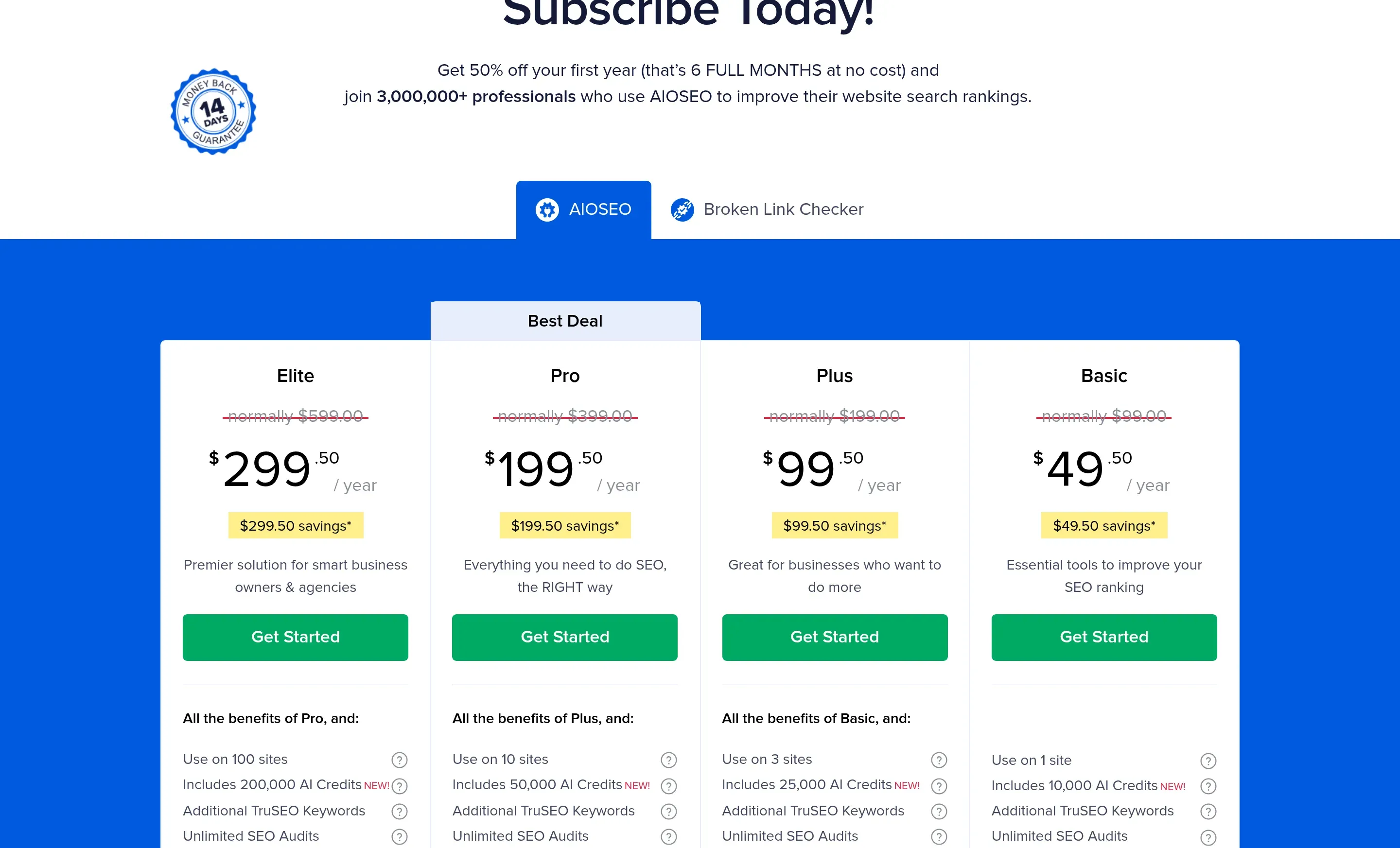 AIOSEO pricing page showing the first-year prices with the normal prices struck through, captured 2026-09-18
