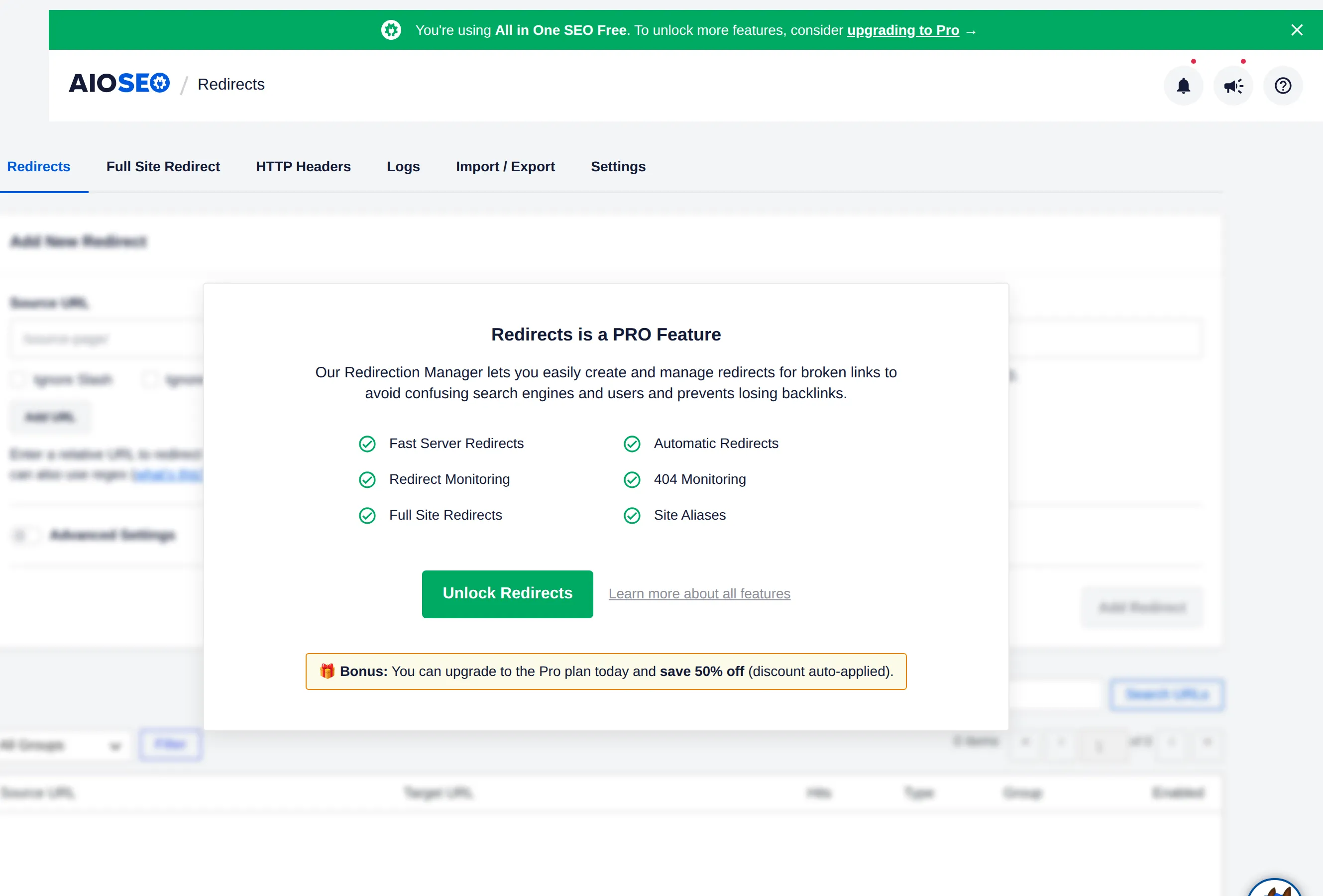 AIOSEO Redirects is a PRO Feature screen