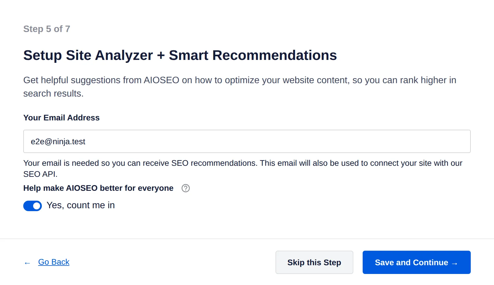 AIOSEO smart recommendations step with the admin email pre-filled and count me in switched on