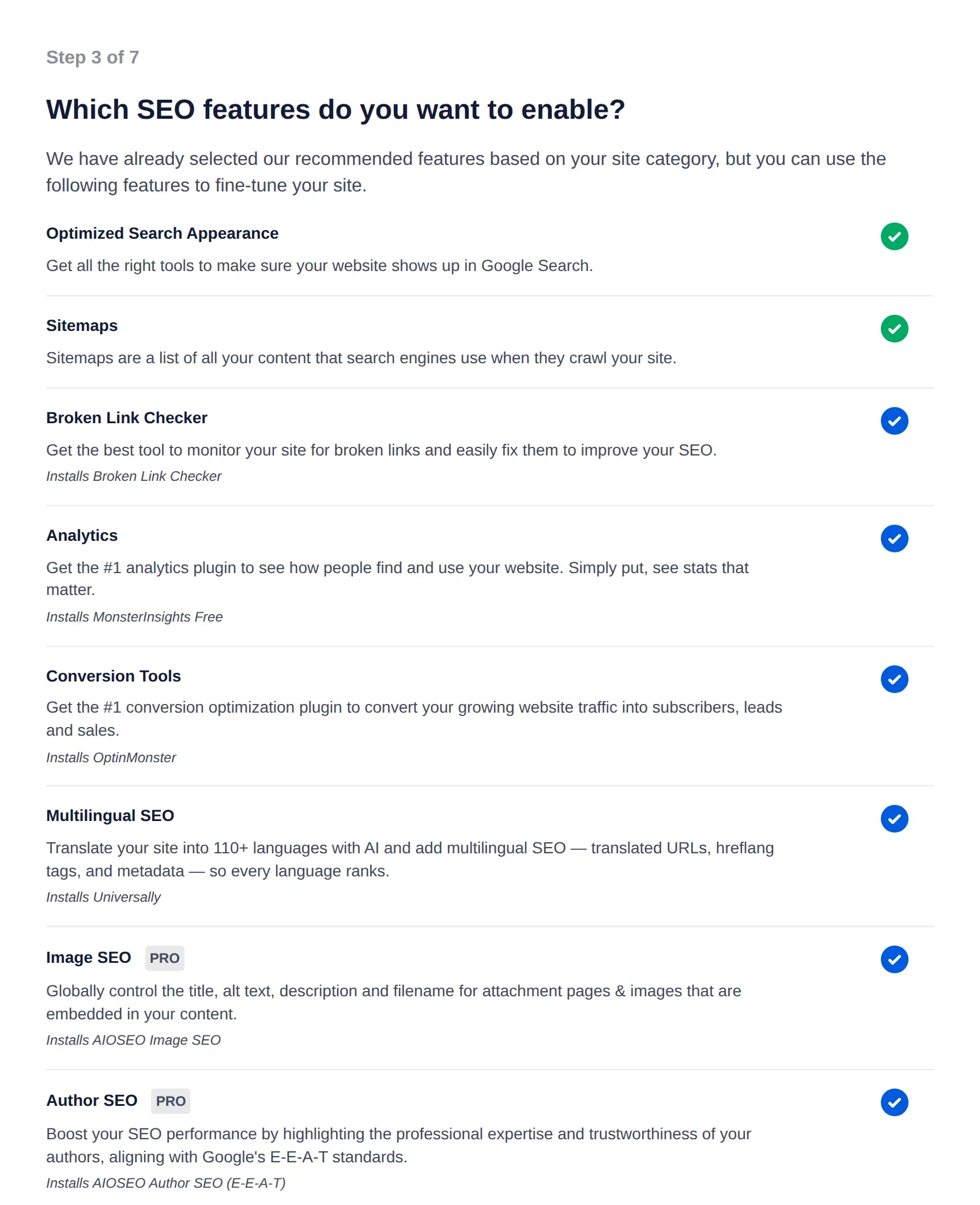 AIOSEO setup wizard features step with the plugin installs pre-ticked