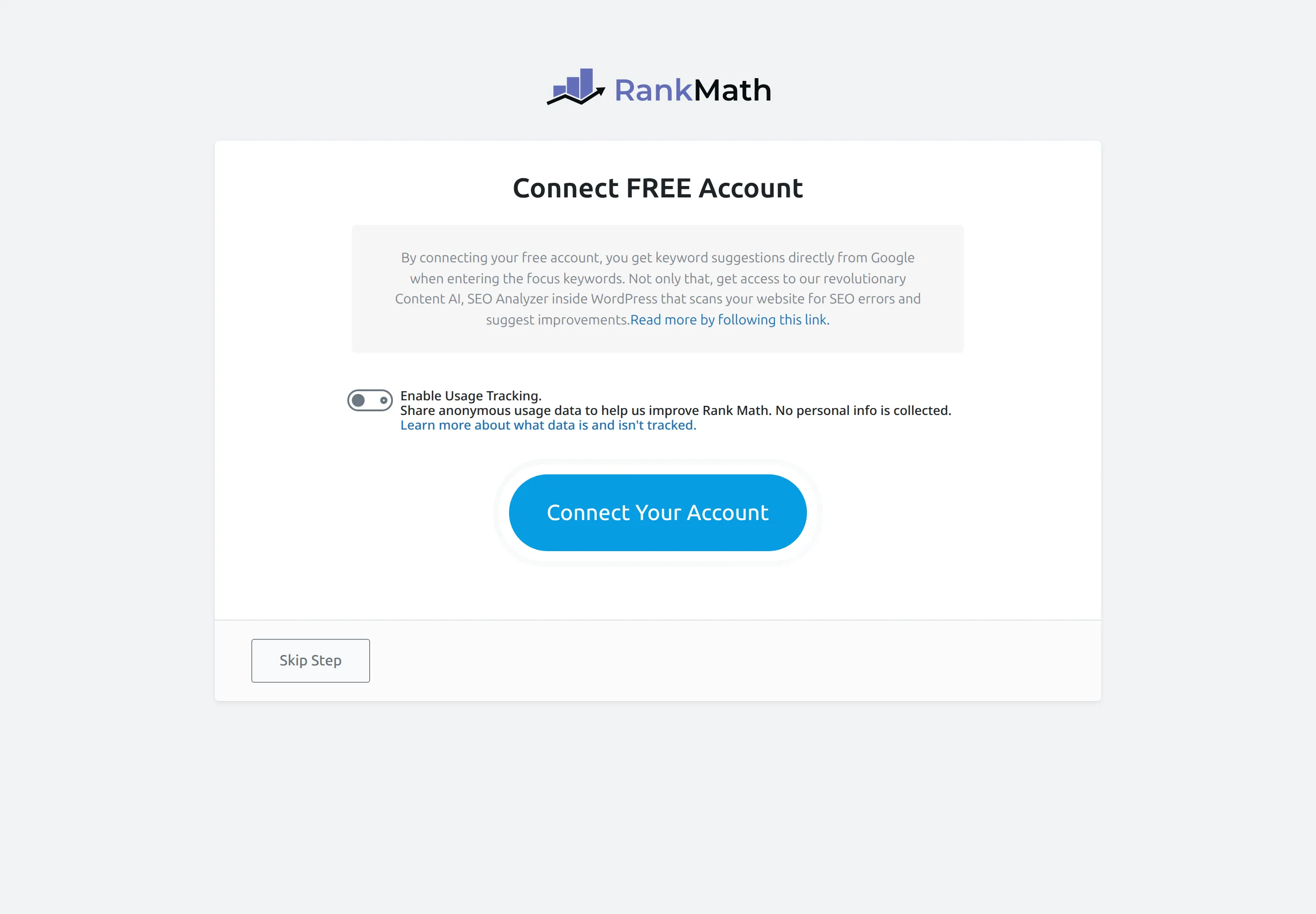 Rank Math Connect FREE Account screen with usage tracking switched off