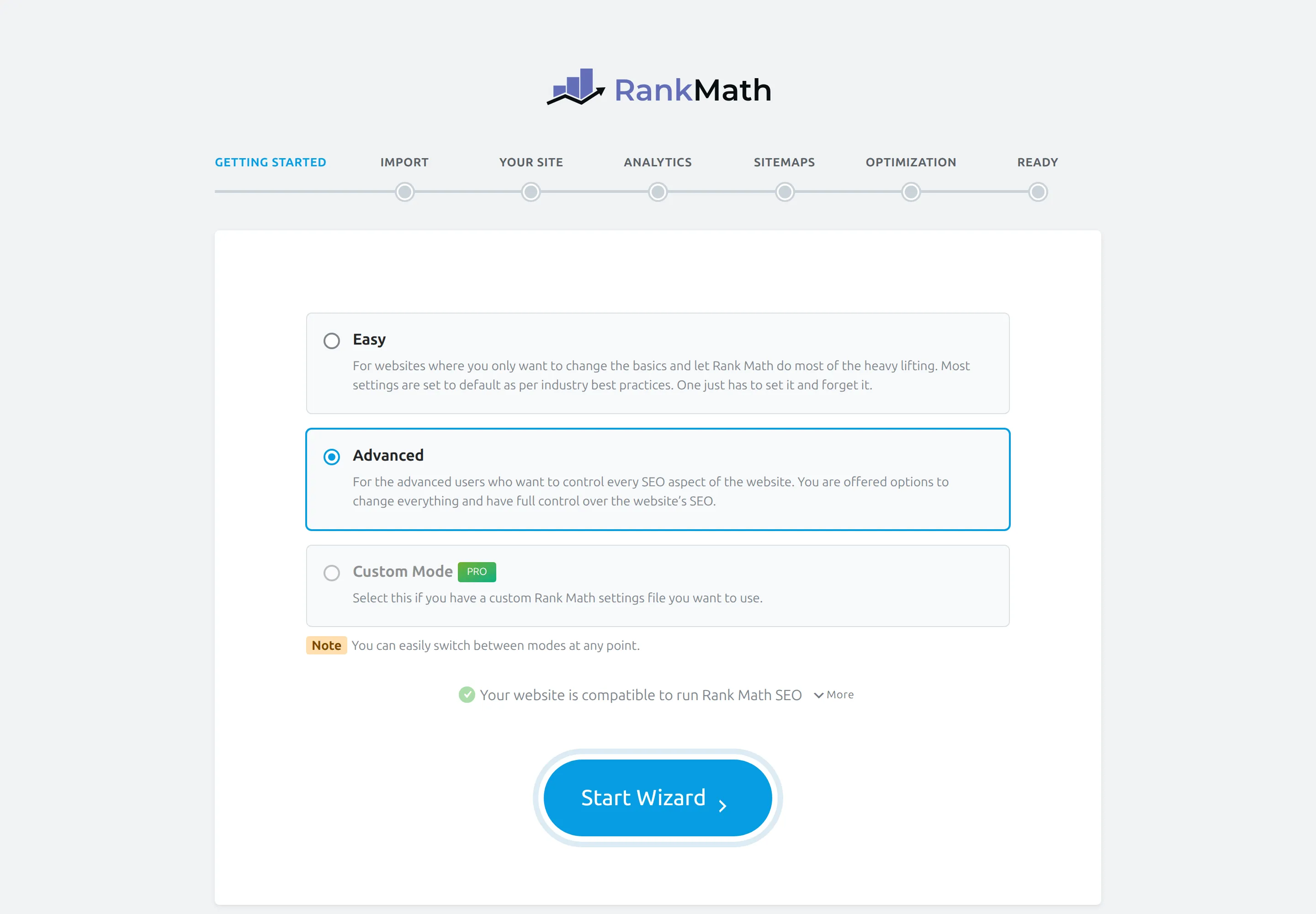 Rank Math setup mode choice with Advanced selected by default