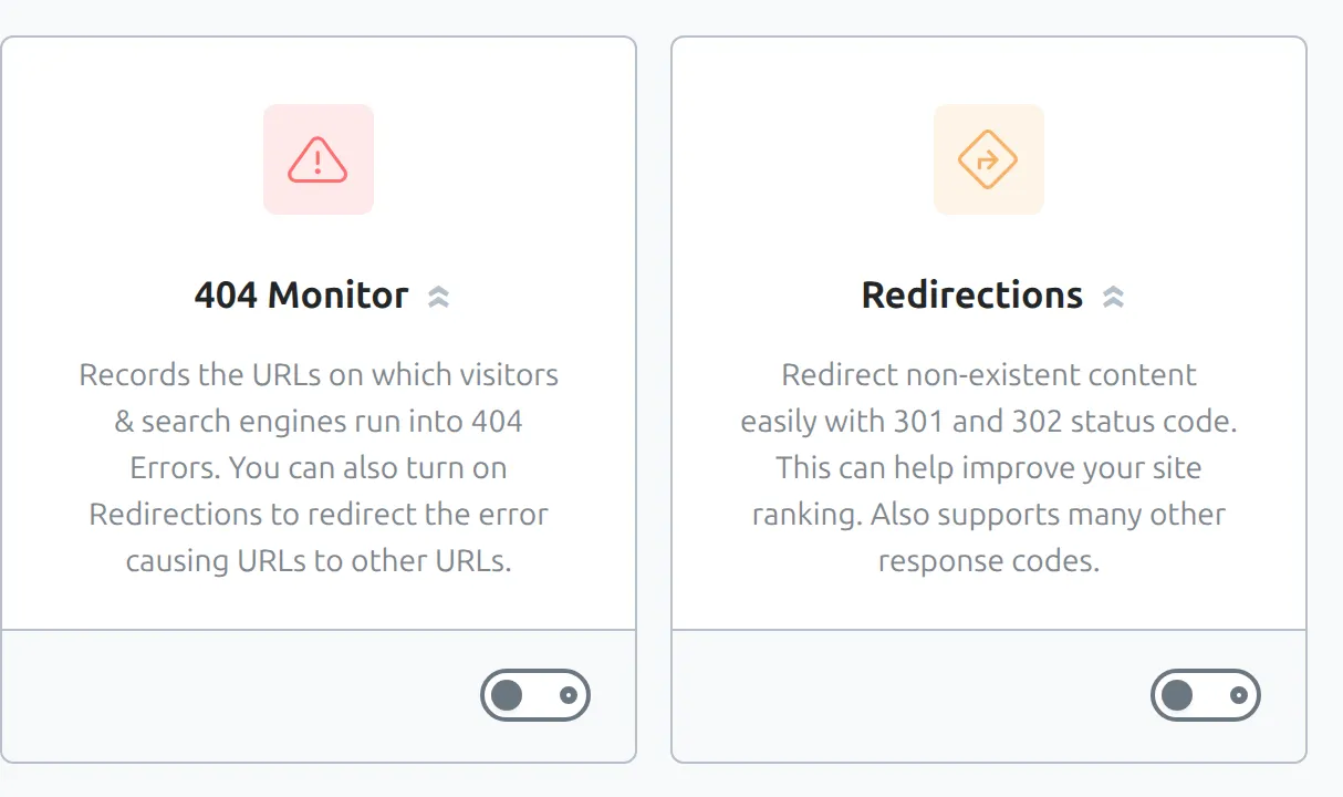 Rank Math modules with 404 Monitor and Redirections switched off