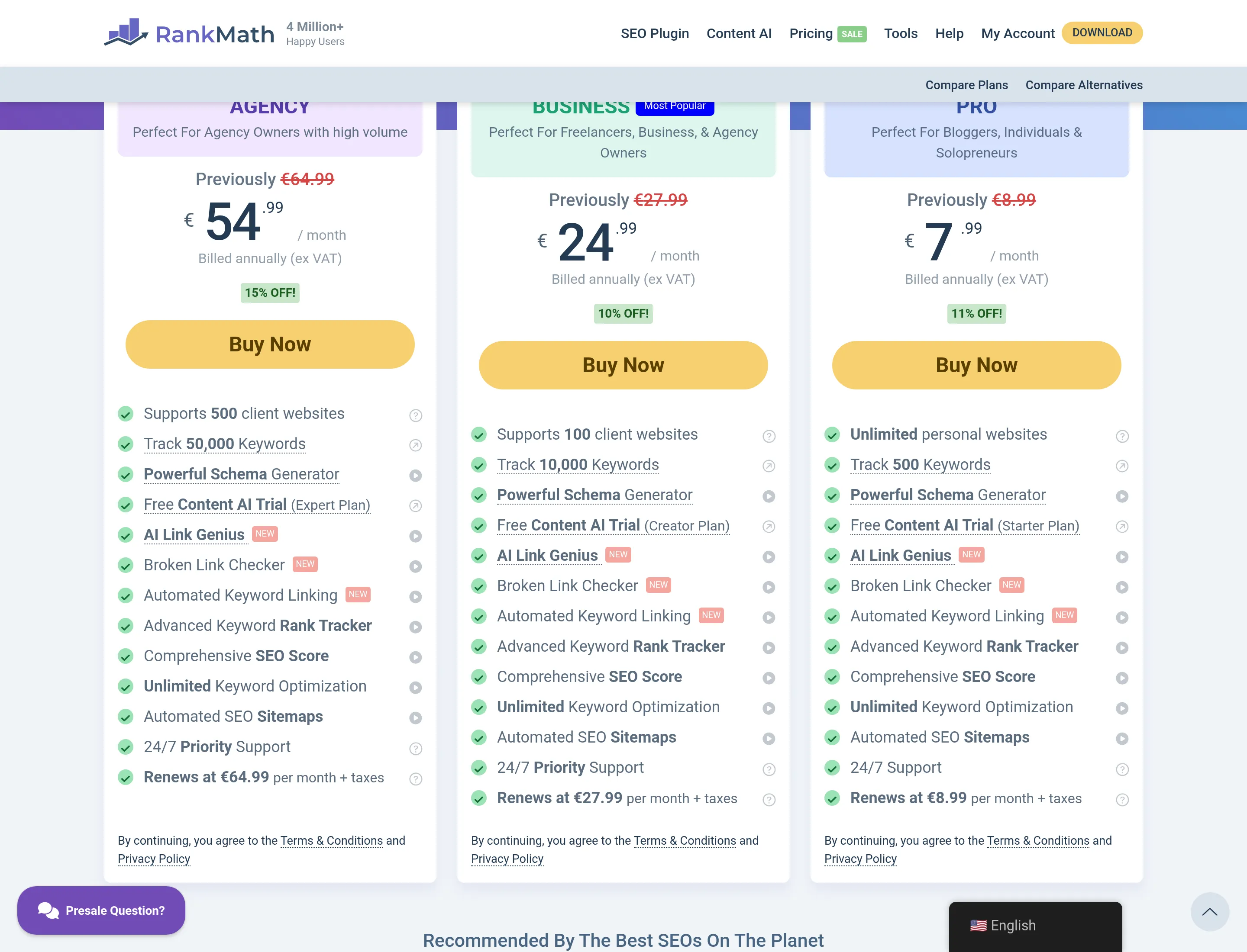 Rank Math pricing page showing PRO at 7.99 euros per month renewing at 8.99, captured 2026-09-18