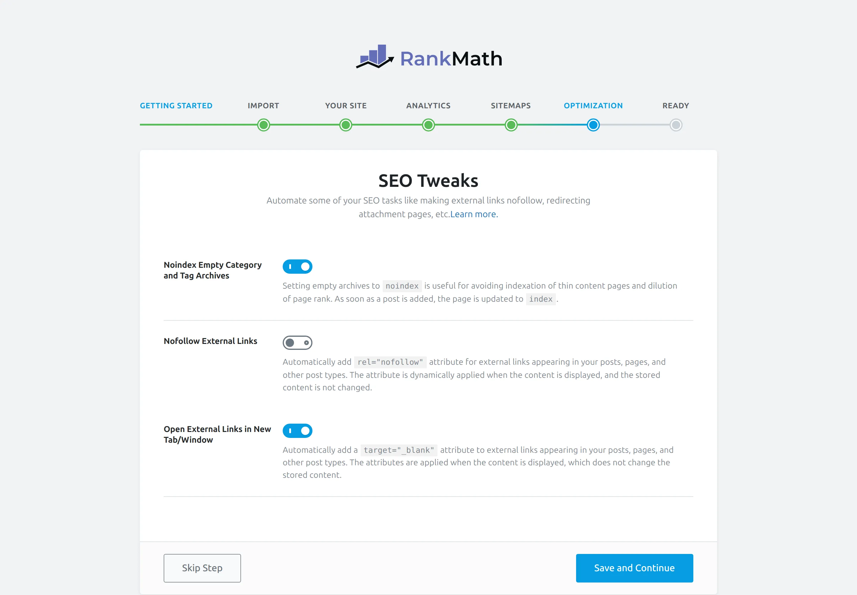 Rank Math SEO Tweaks step with Open External Links in New Tab pre-ticked