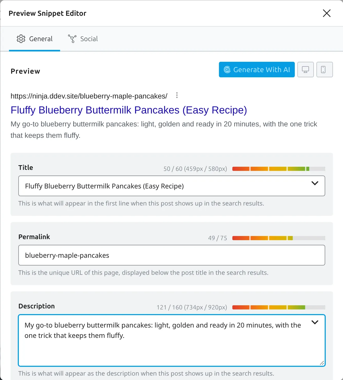Rank Math Preview Snippet Editor with the SEO title and description filled in