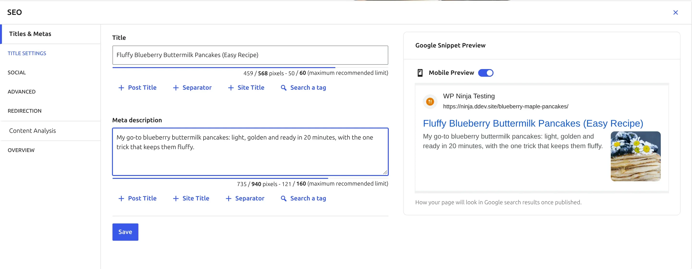 SEOPress SEO panel in the post editor with the title, meta description and Google preview